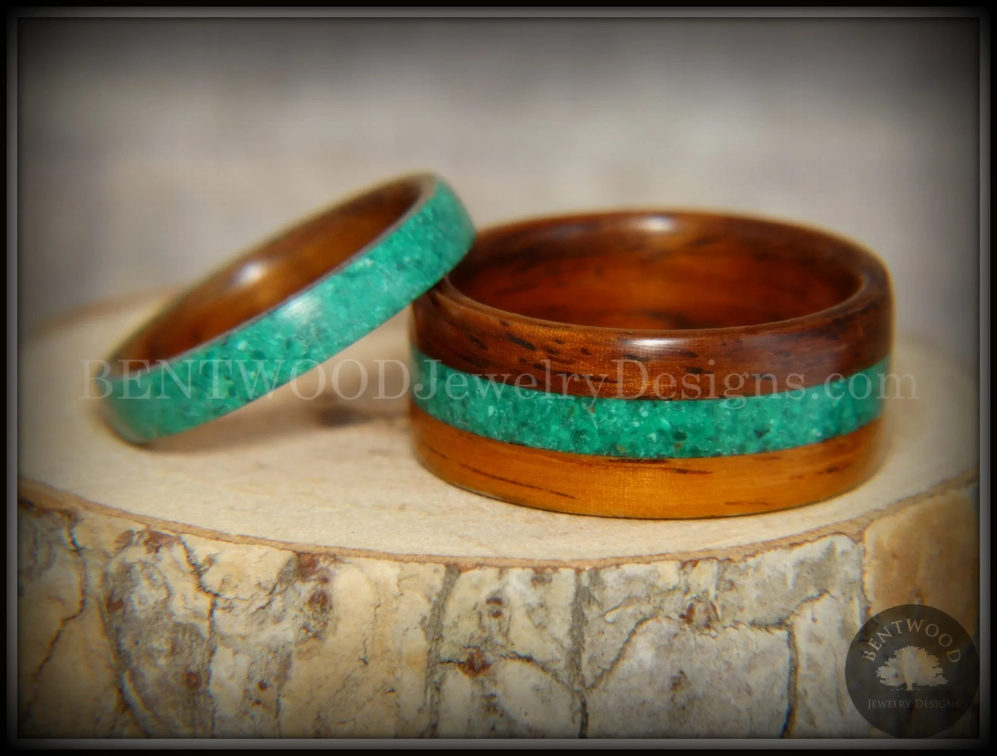 Bentwood Rings Set - Striped Rosewood Wood Rings with Malachite Inlays