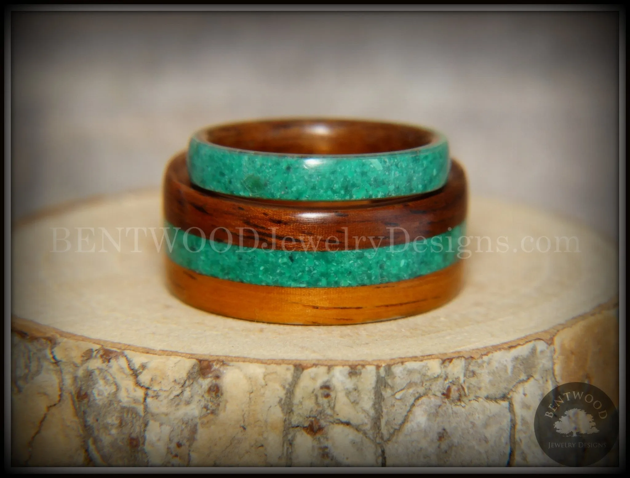 Bentwood Rings Set - Striped Rosewood Wood Rings with Malachite Inlays