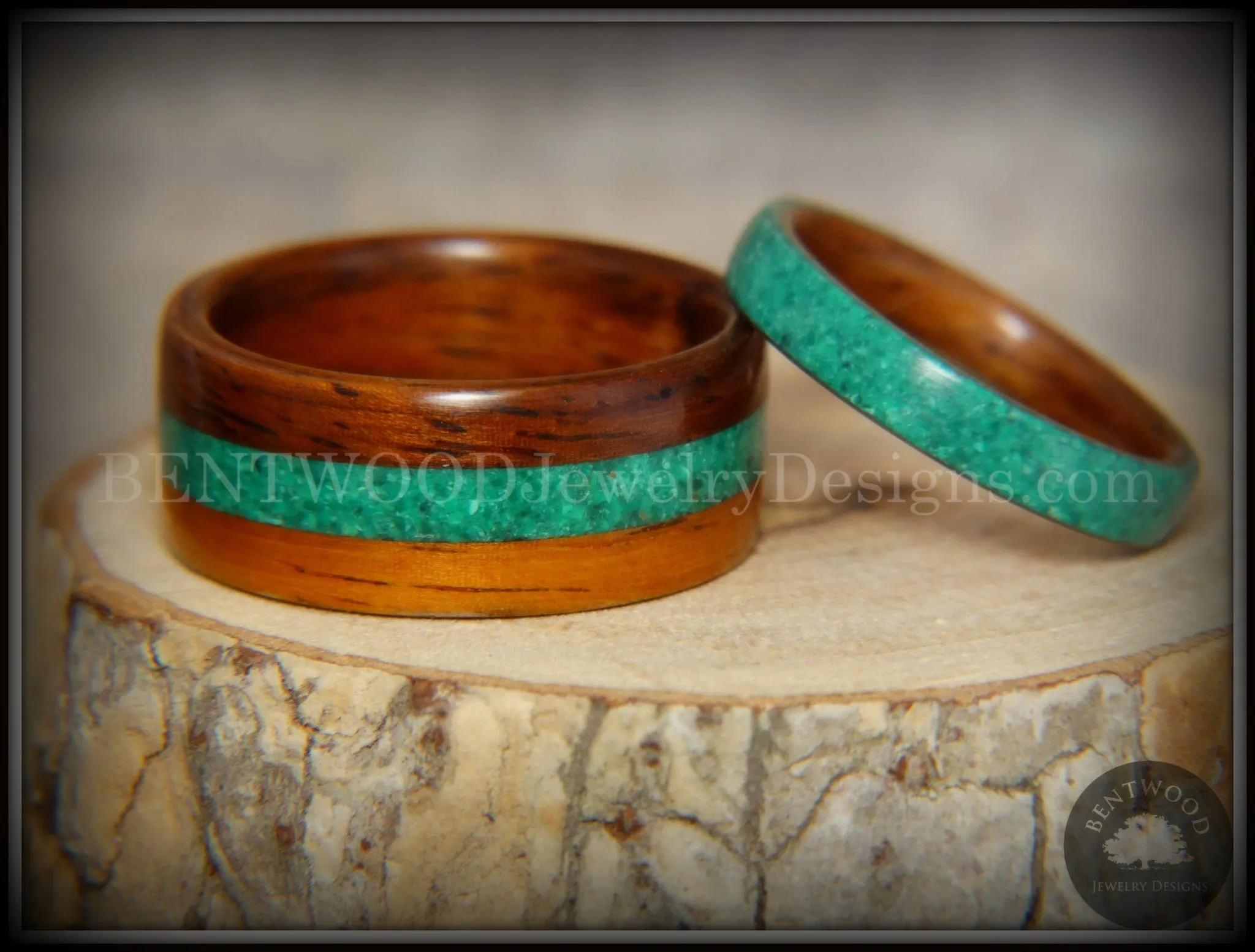 Bentwood Rings Set - Striped Rosewood Wood Rings with Malachite Inlays