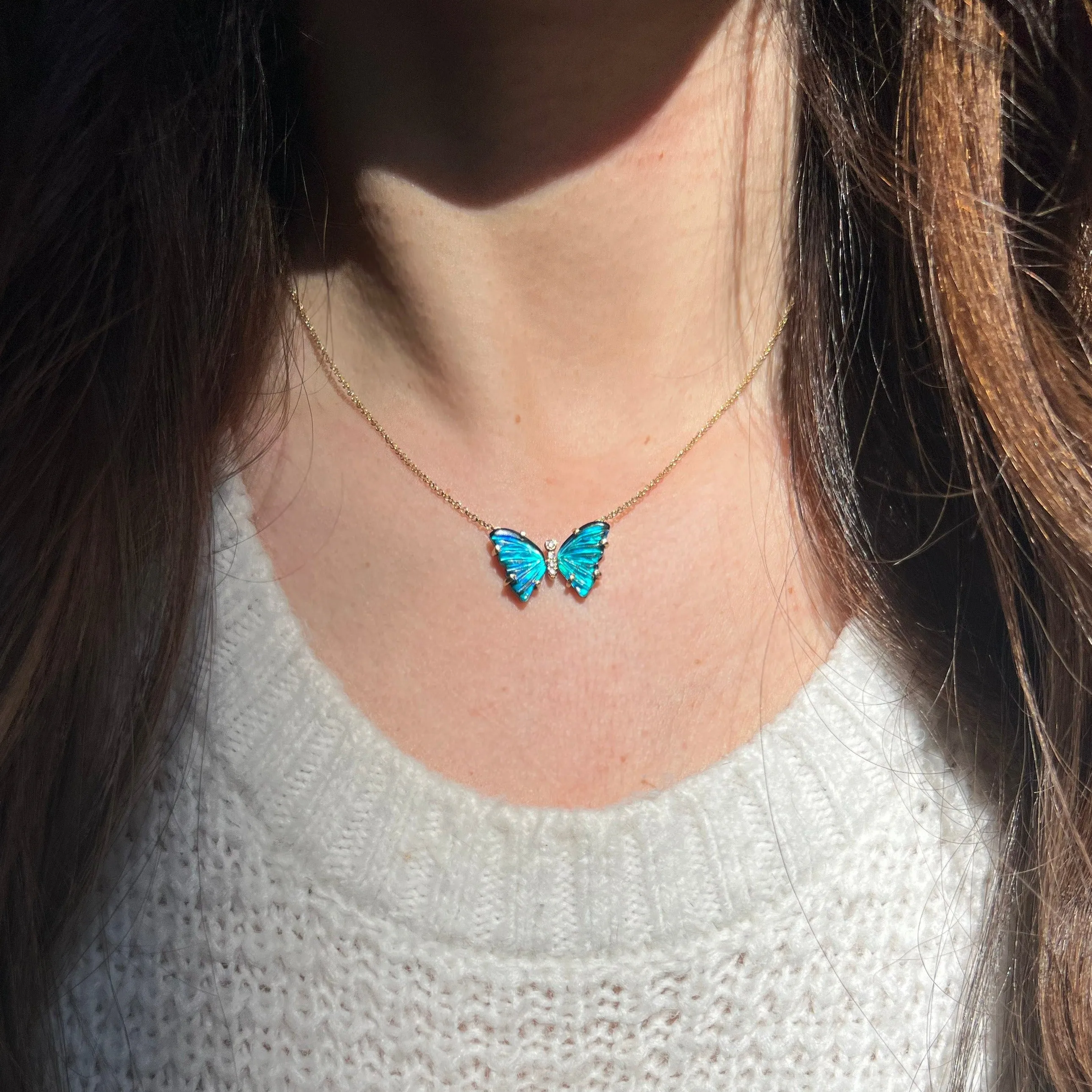 Blue Morpho Butterfly Necklace with Diamonds and Prongs - London Blue Topaz