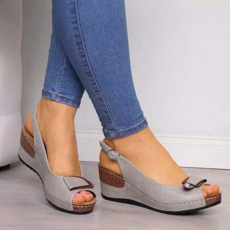 Buckle Peep Toe Wedge Sandals