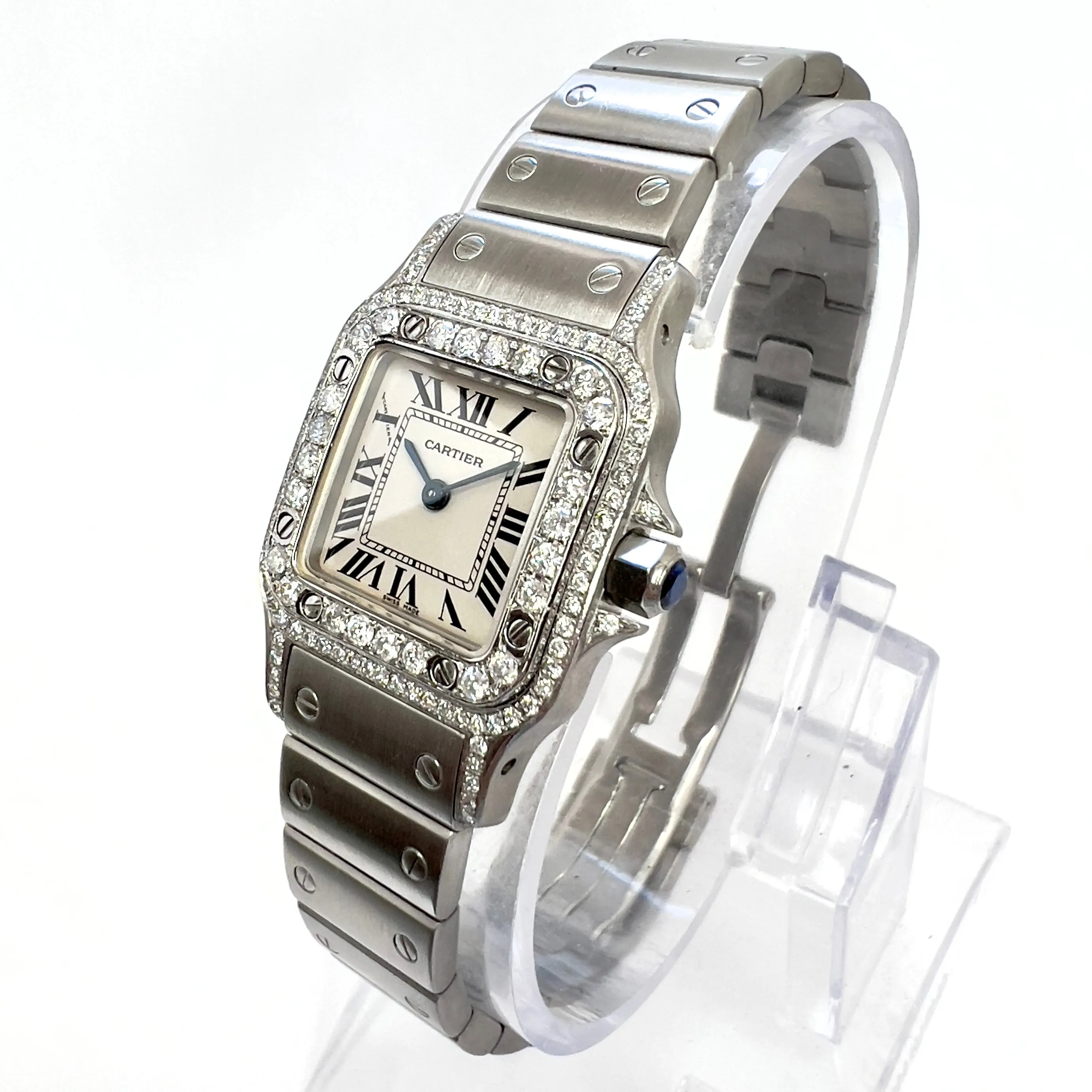 CARTIER Santos Galbee Quartz 24mm Steel 1.06TCW DIAMOND Watch NEW Model