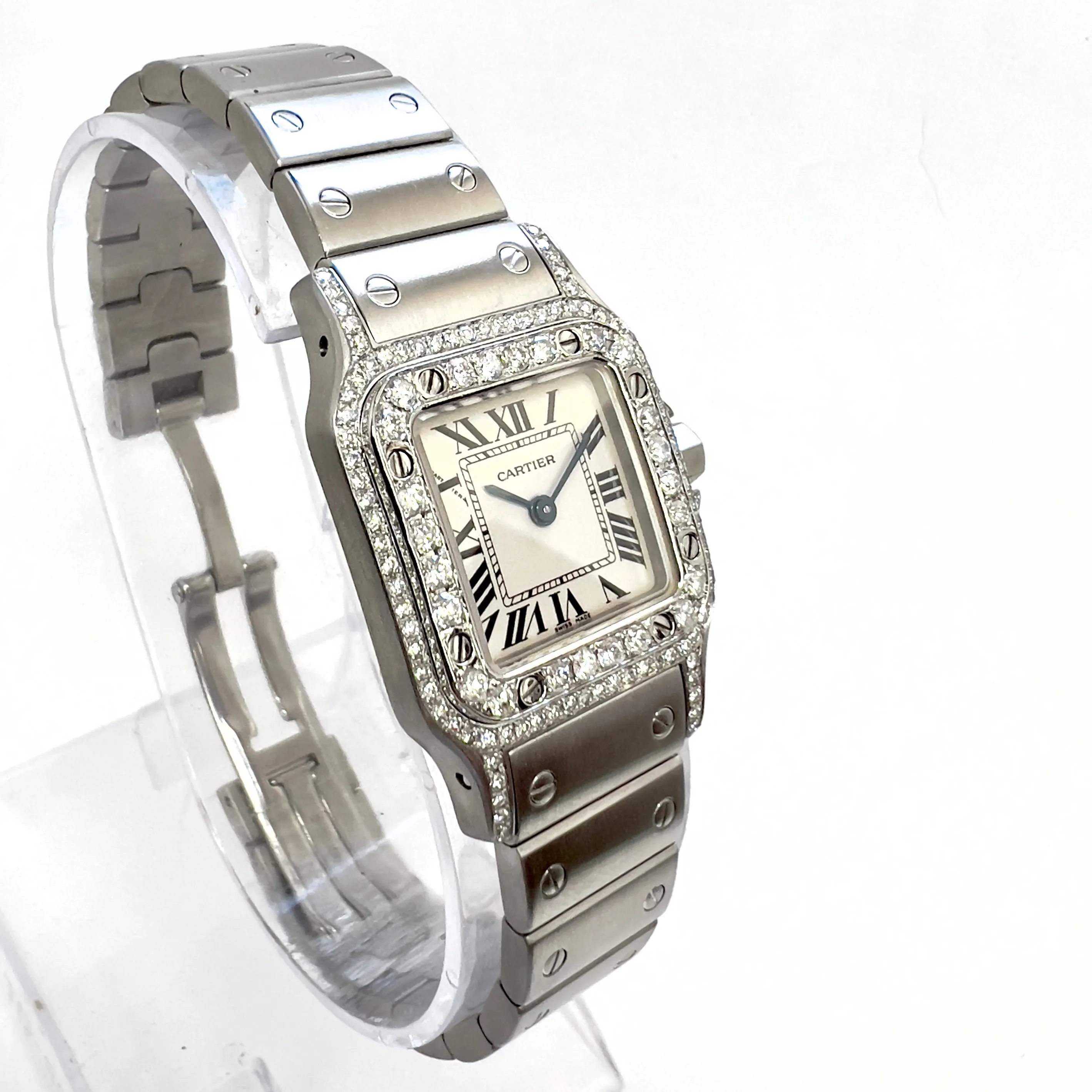 CARTIER Santos Galbee Quartz 24mm Steel 1.06TCW DIAMOND Watch NEW Model