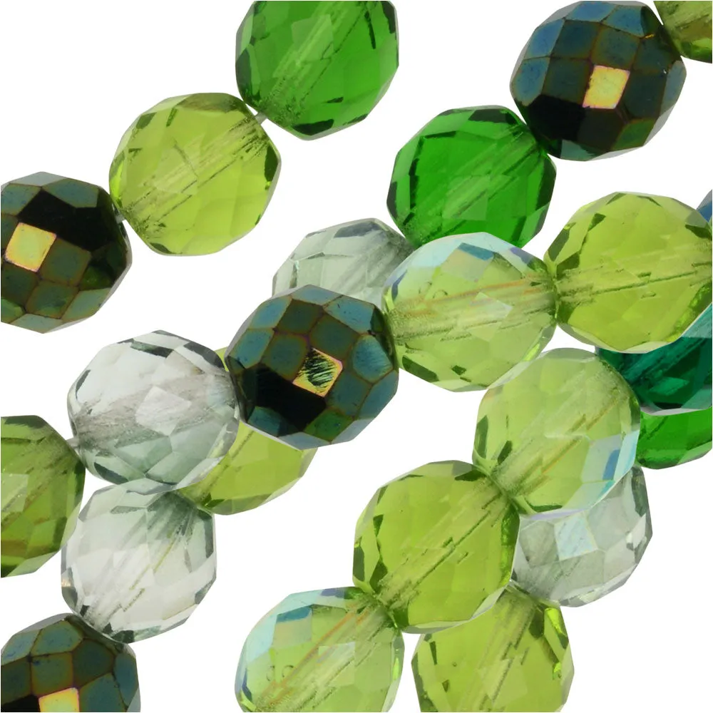 Czech Fire Polished Glass Beads, Faceted Round 10mm, Evergreen Mix (50 Pieces)