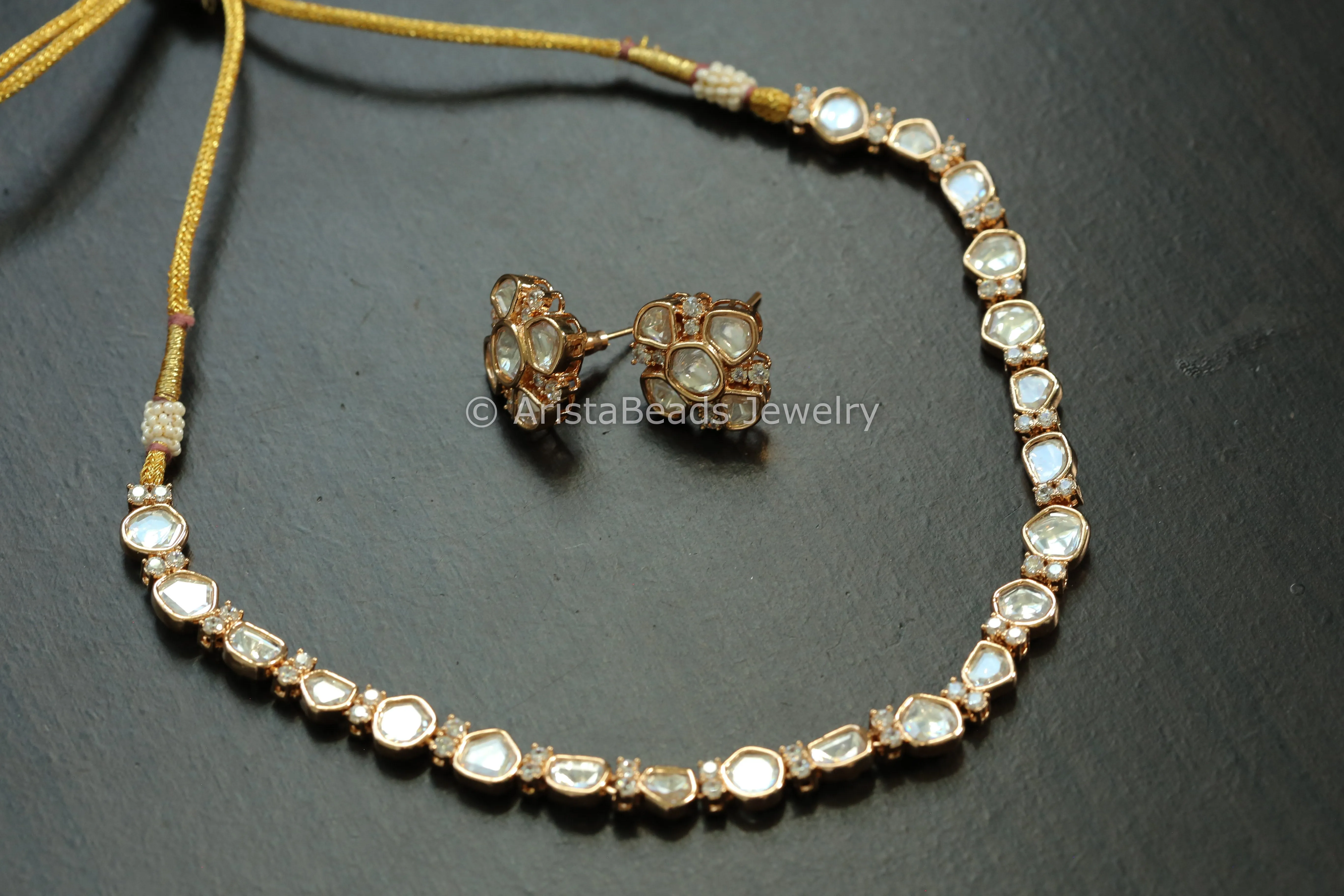 Dainty Polki & Micro CZ Necklace Set  - Rose Gold