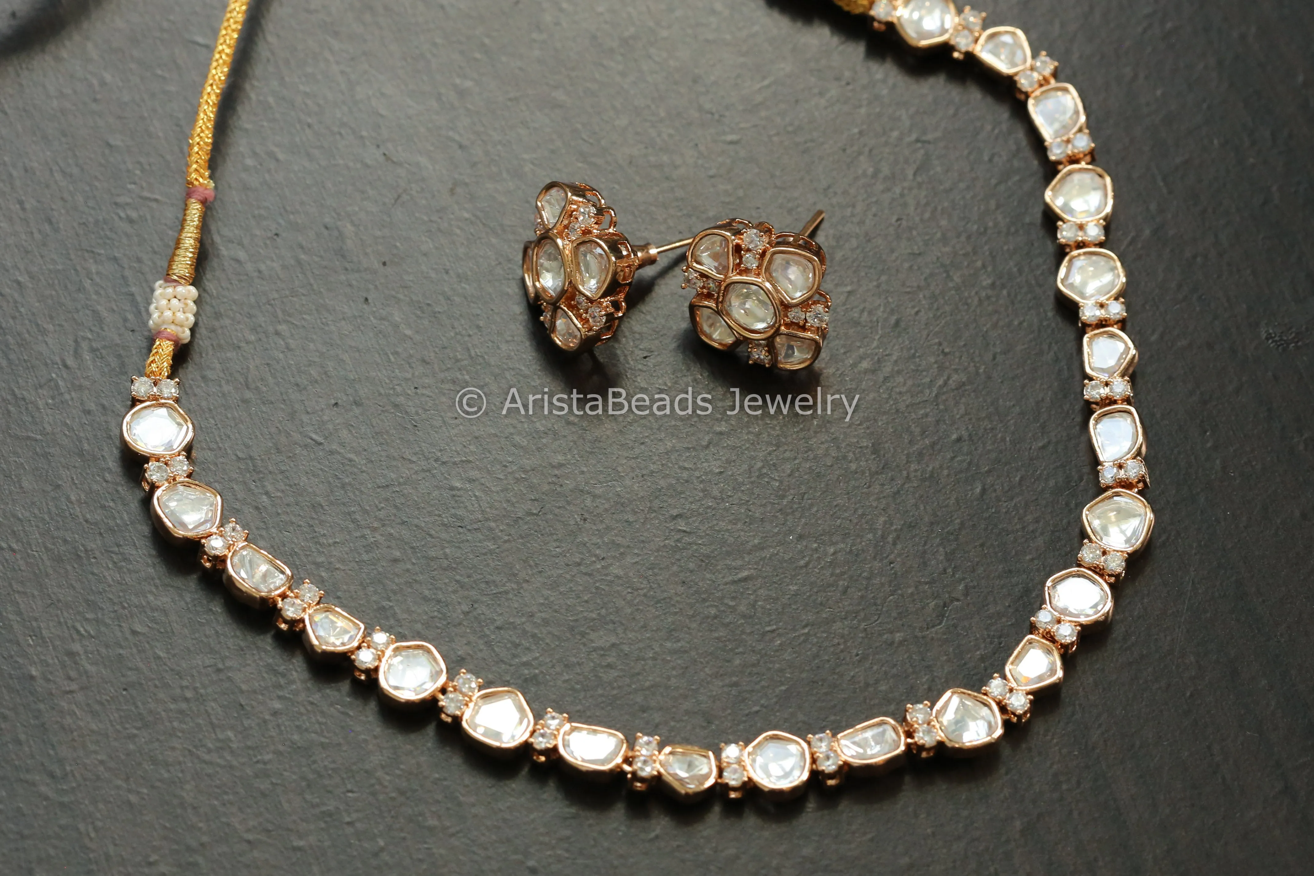 Dainty Polki & Micro CZ Necklace Set  - Rose Gold