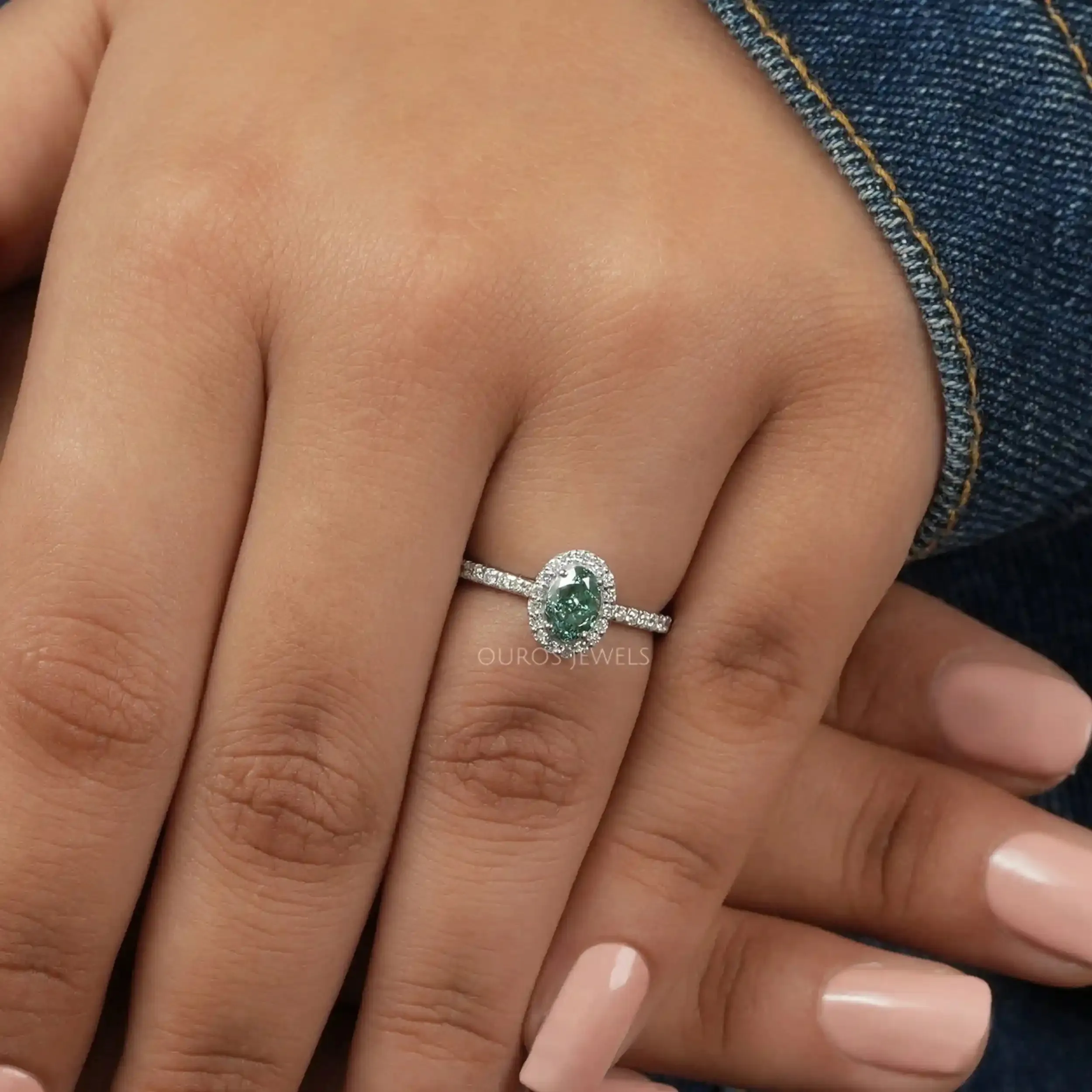 Fancy Vivid Green Oval  Cut Lab Diamond  Halo  Ring