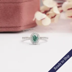 Fancy Vivid Green Oval  Cut Lab Diamond  Halo  Ring