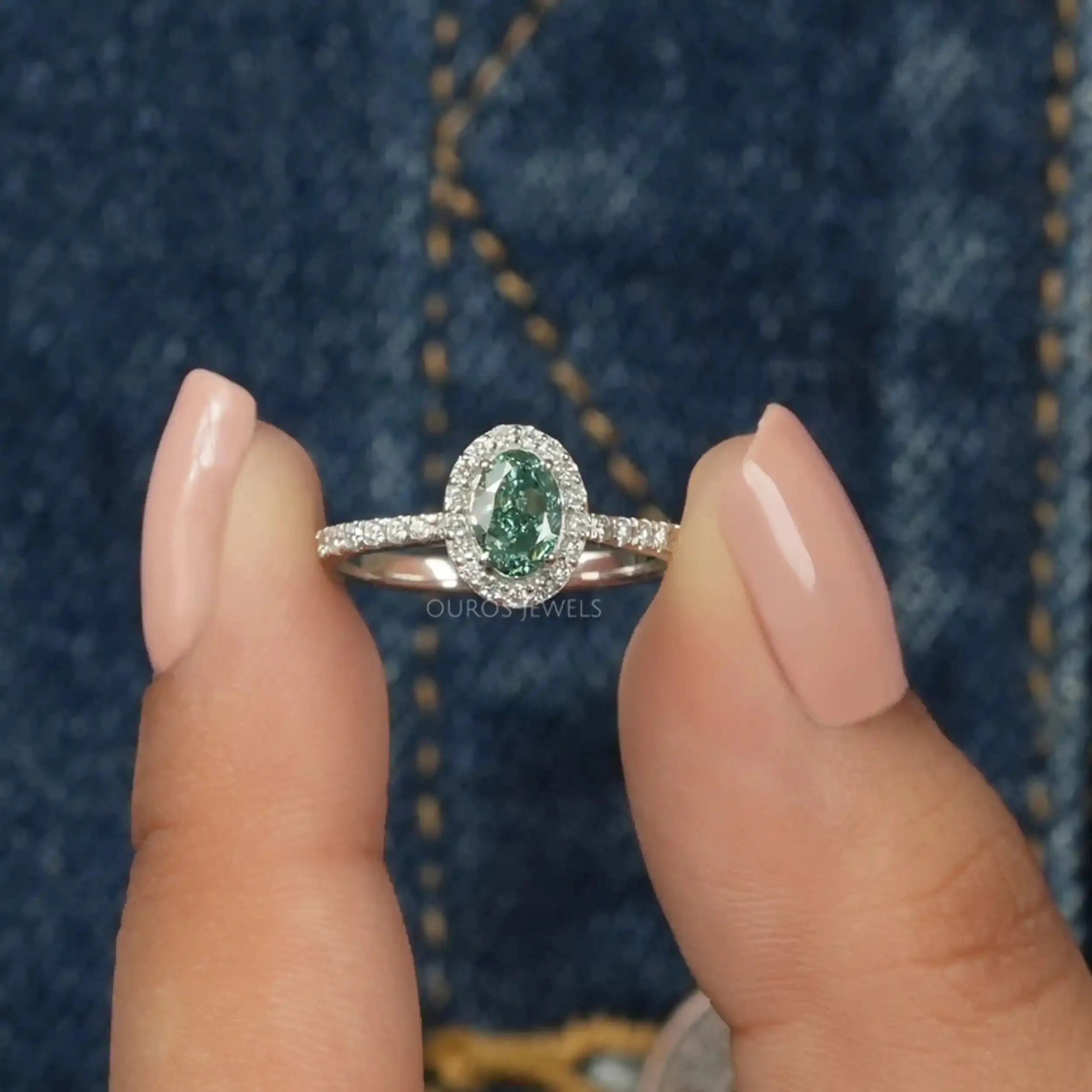 Fancy Vivid Green Oval  Cut Lab Diamond  Halo  Ring