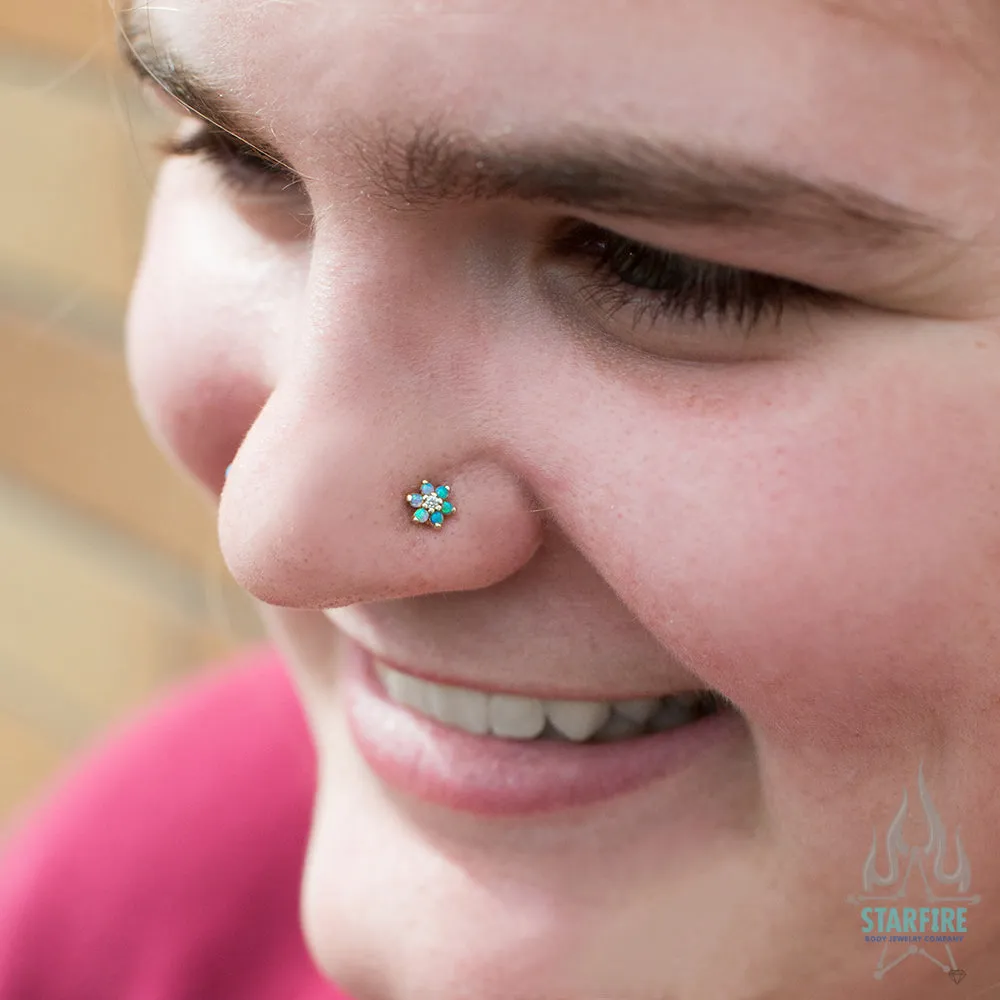 Flower #2 Nostril Screw in Gold with Baby Blue Cabochon Opals & White CZ