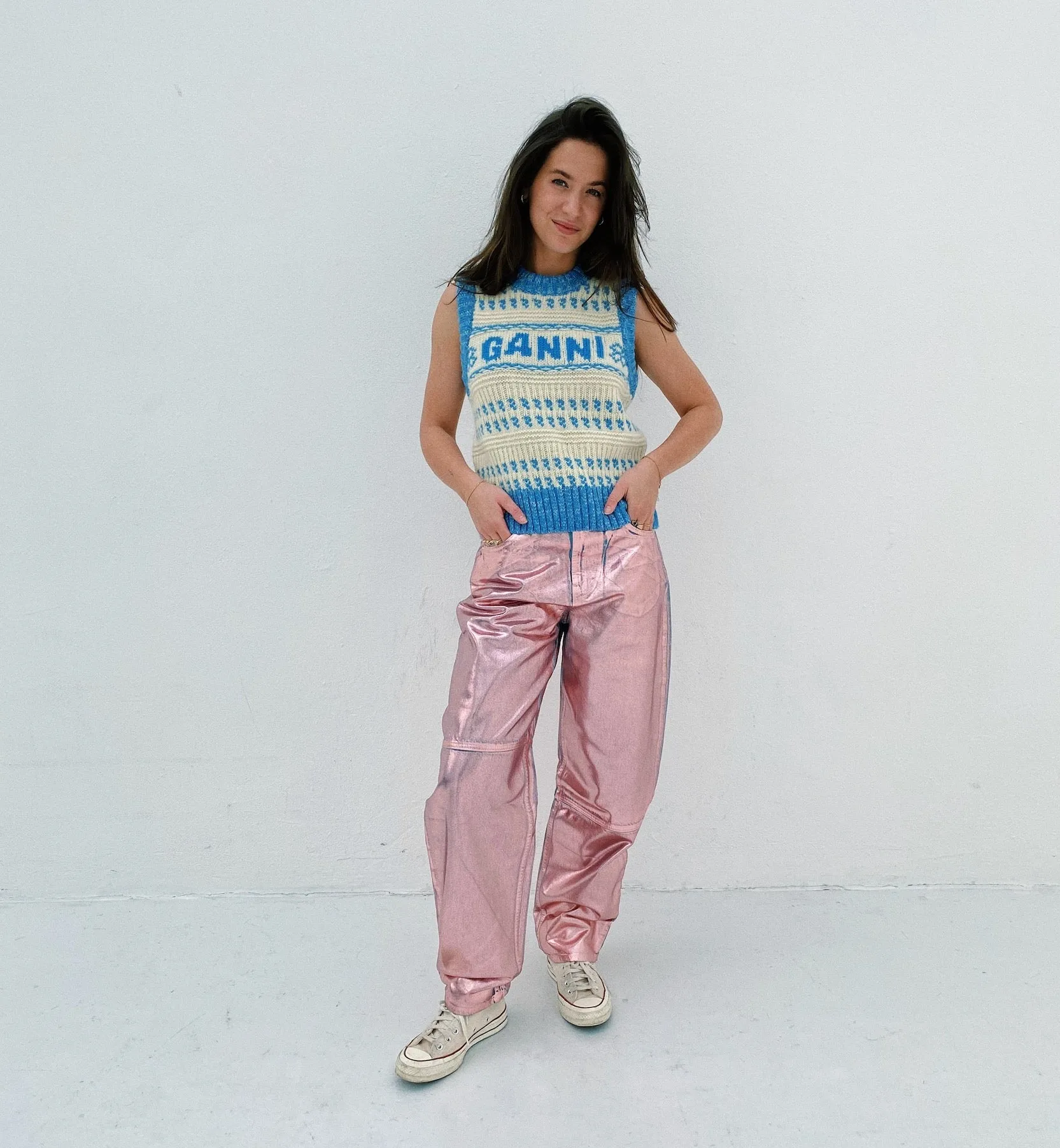 GANNI Pink Foil Denim Stary Jeans