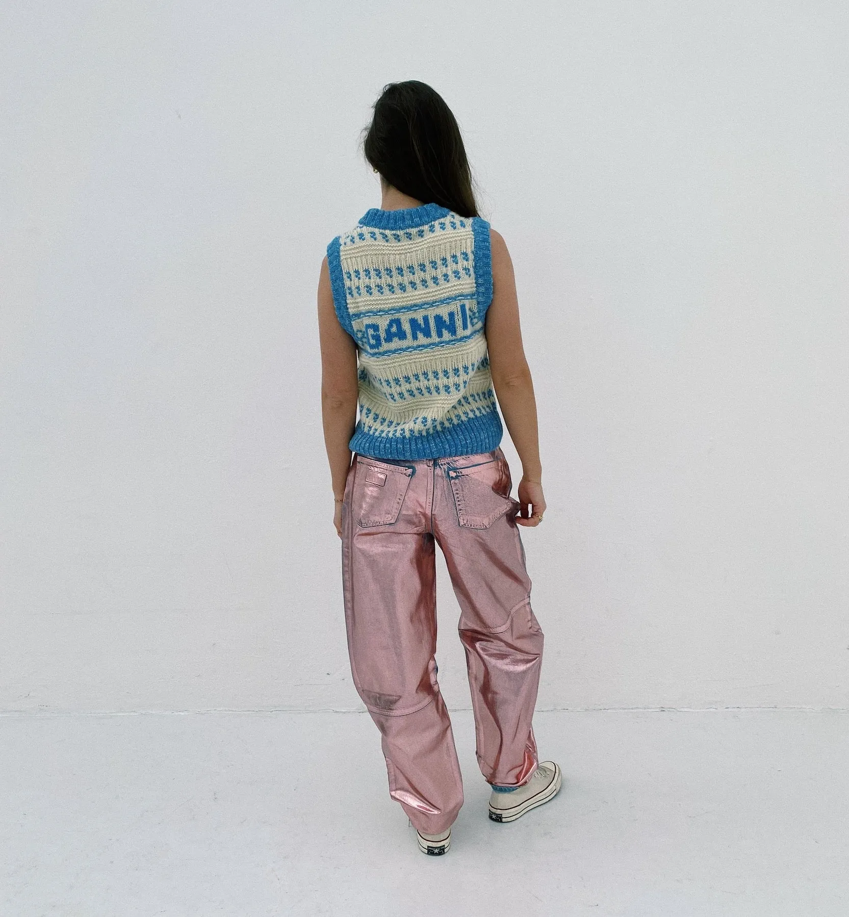 GANNI Pink Foil Denim Stary Jeans