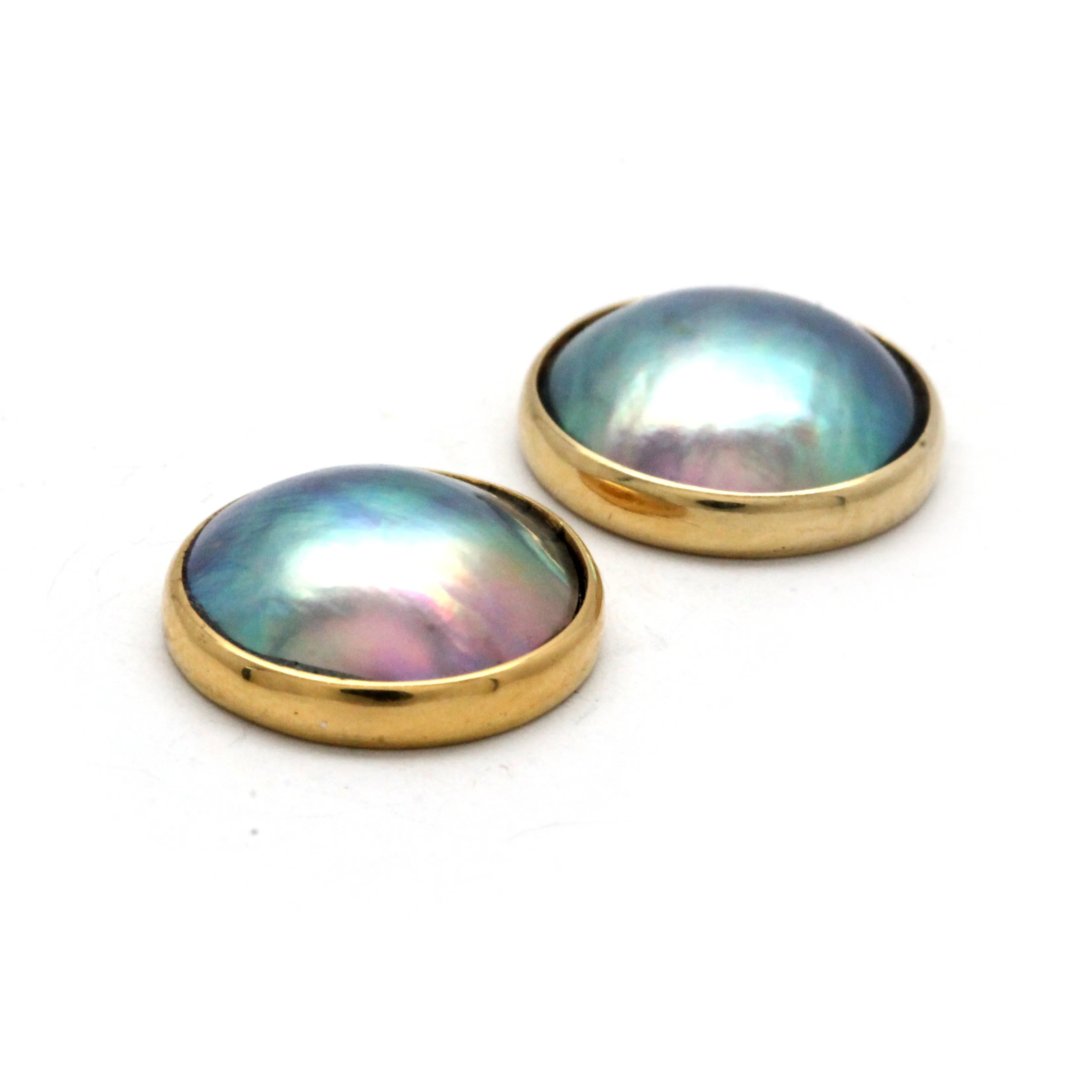 Green and Lustrous Cortez Mabe Pearls on 14K Yellow Gold Earrings