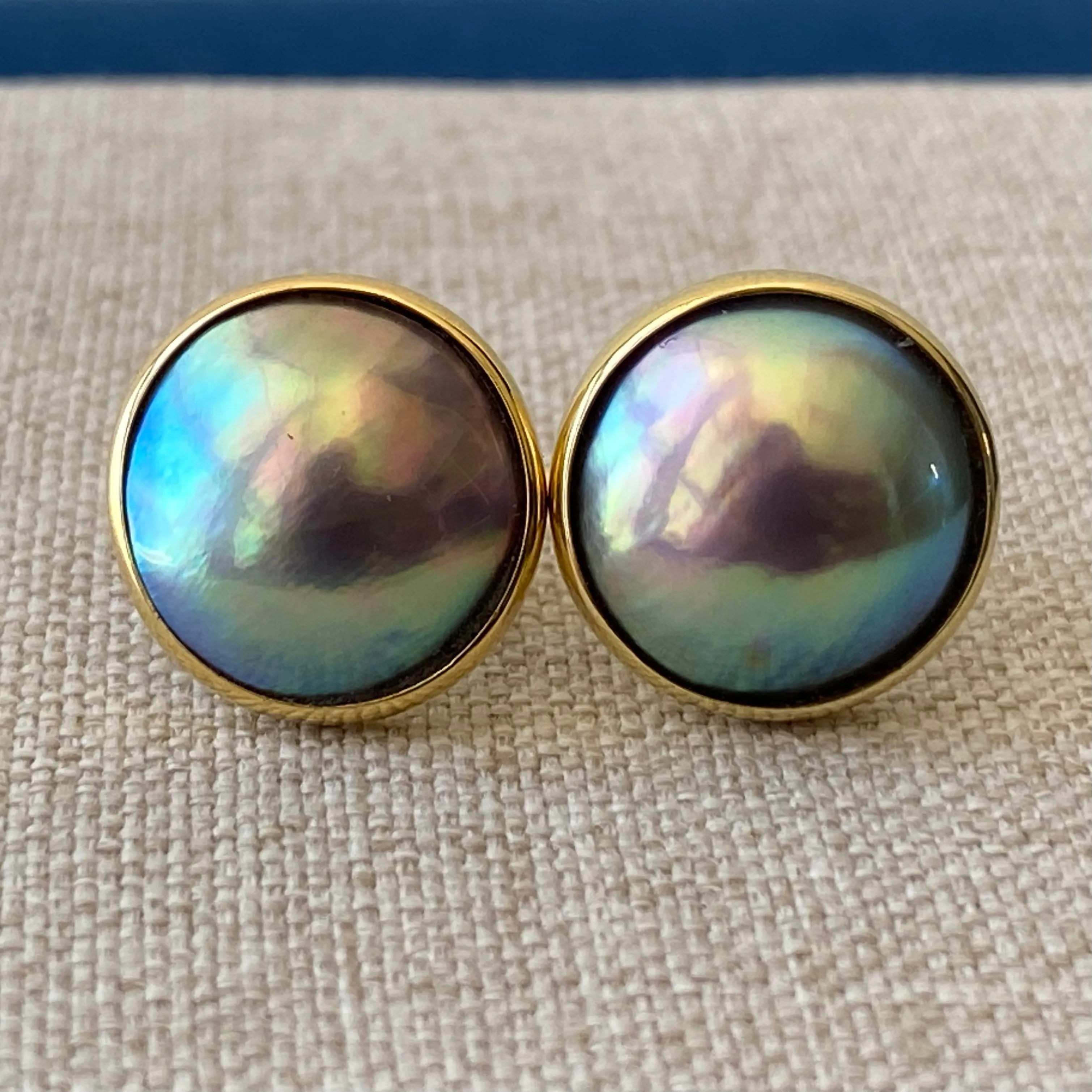 Green and Lustrous Cortez Mabe Pearls on 14K Yellow Gold Earrings