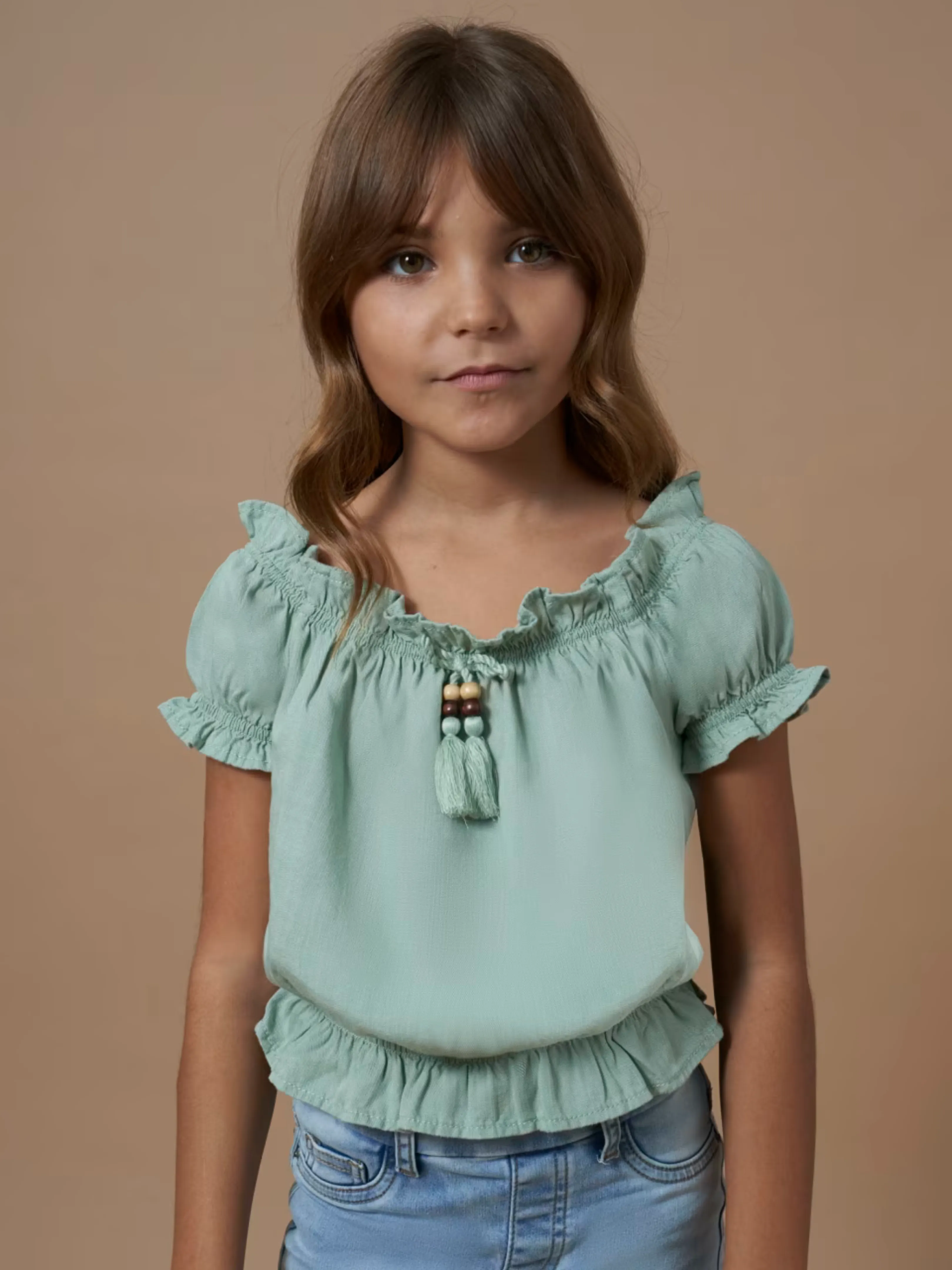 Green Tassel Ruffle Top - Big Girl