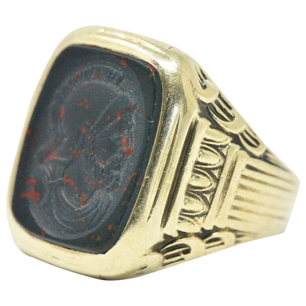 Handsome Men's Art Deco Bloodstone 14 Karat Green Gold Ring