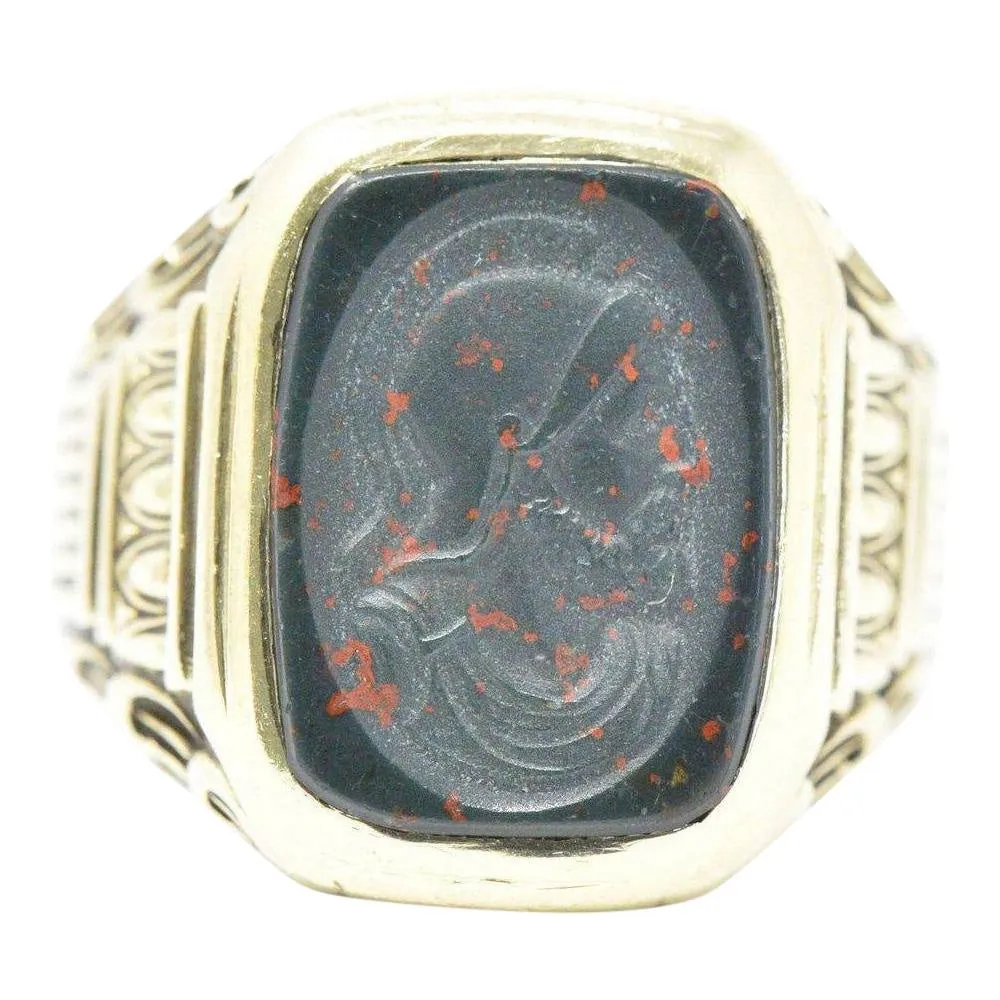 Handsome Men's Art Deco Bloodstone 14 Karat Green Gold Ring