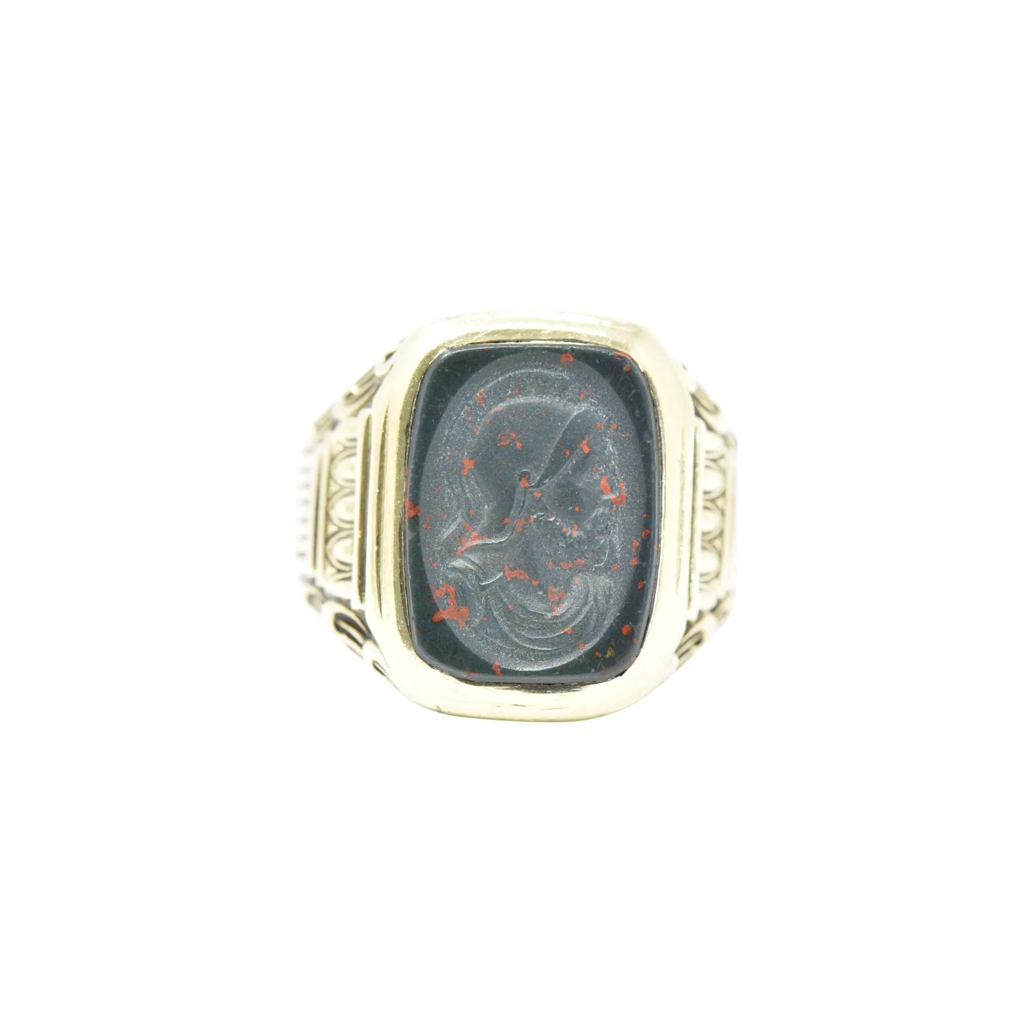 Handsome Men's Art Deco Bloodstone 14 Karat Green Gold Ring