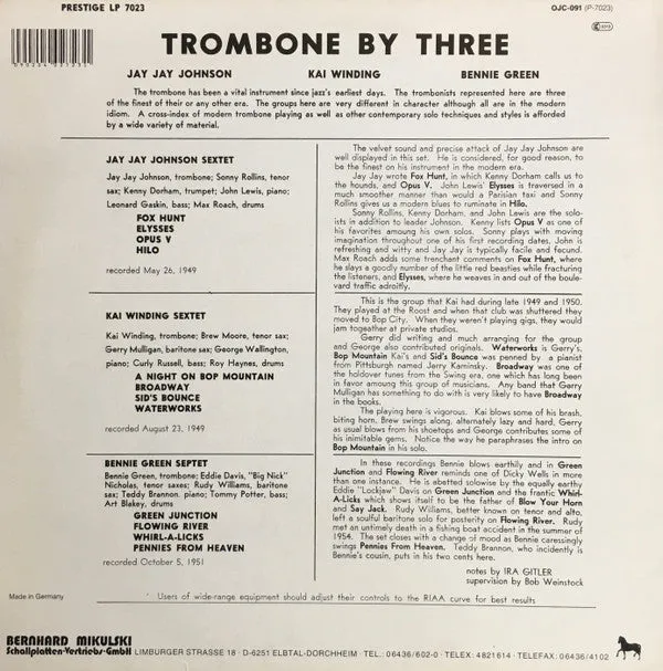 J.J. Johnson / Kai Winding / Bennie Green ~ Trombone By Three