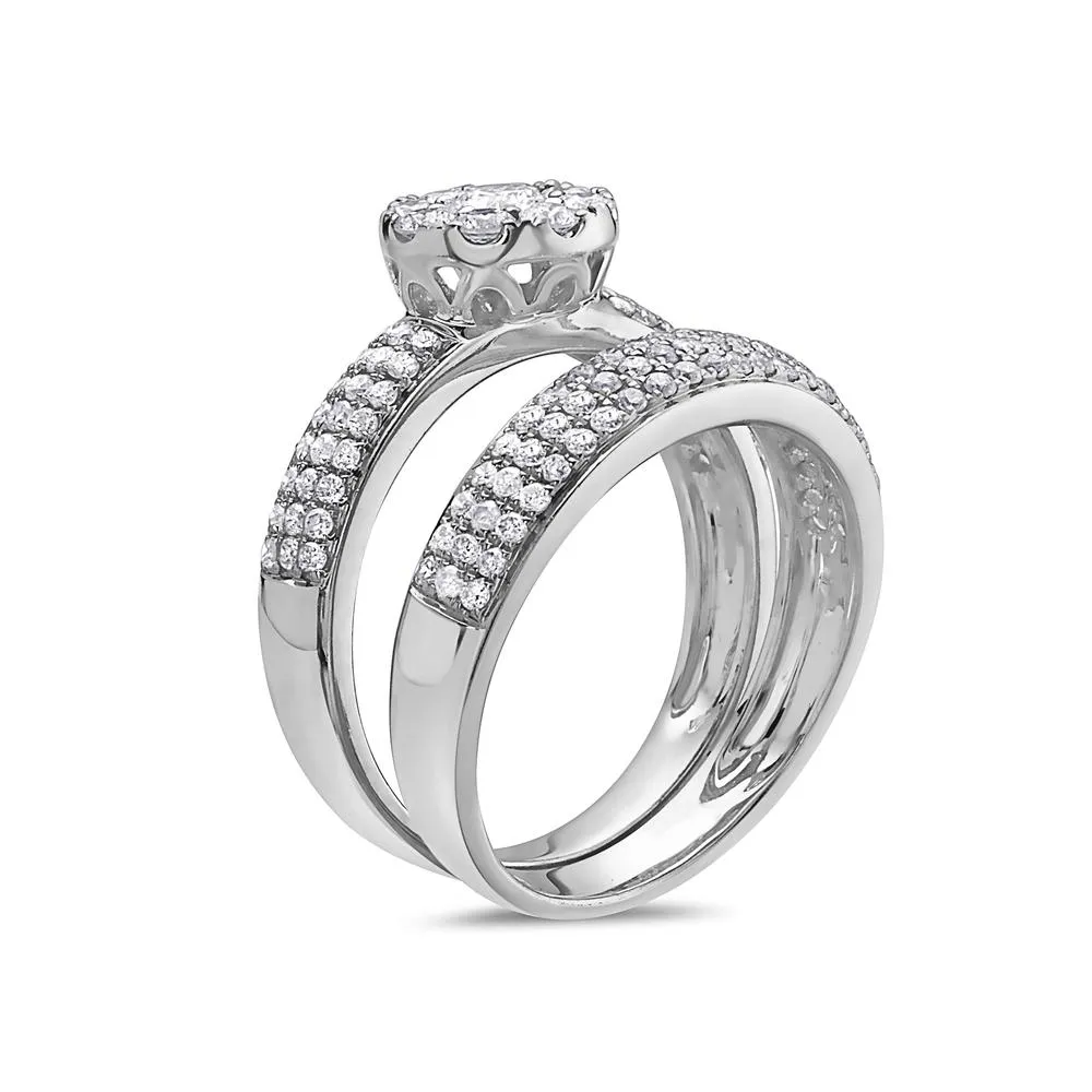 Ladies 14k White Gold Halo with 1.38 CT Bridal Set