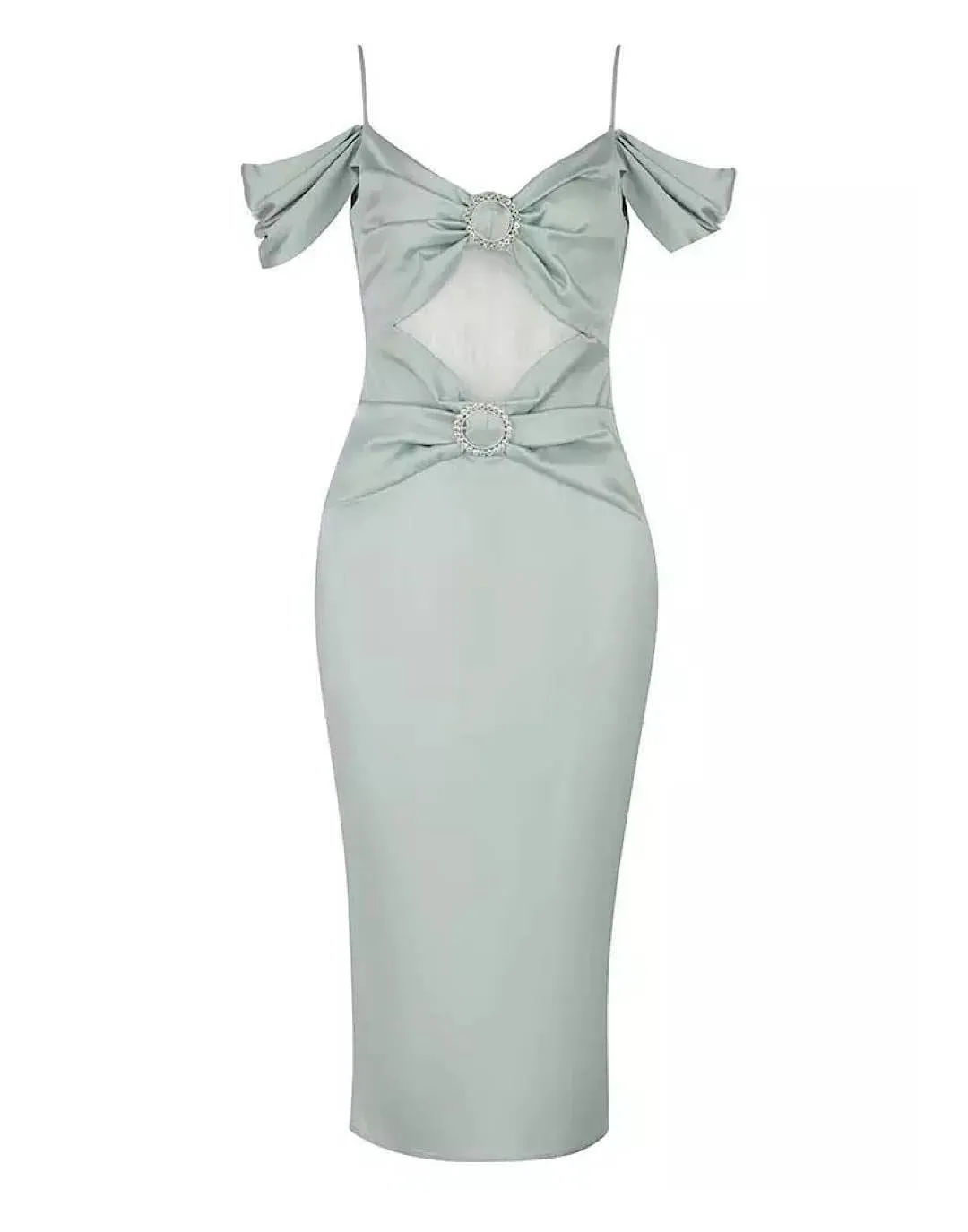 Light Green Cutout Draped Sleeve Satin Dress