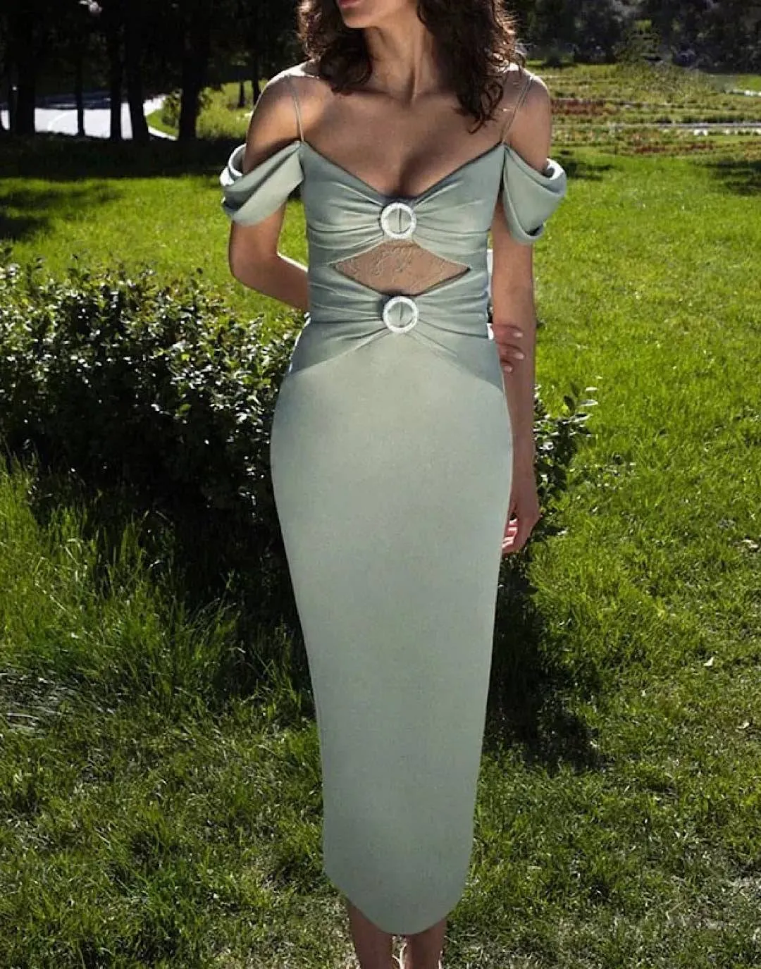 Light Green Cutout Draped Sleeve Satin Dress