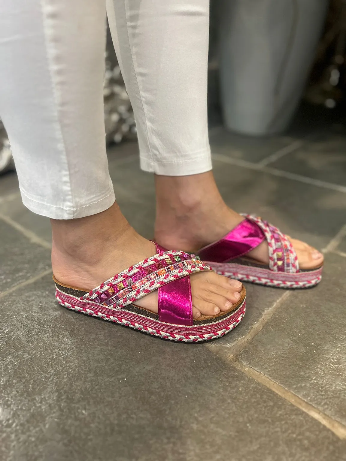 Lipstick Pink Embellished Weave Sliders