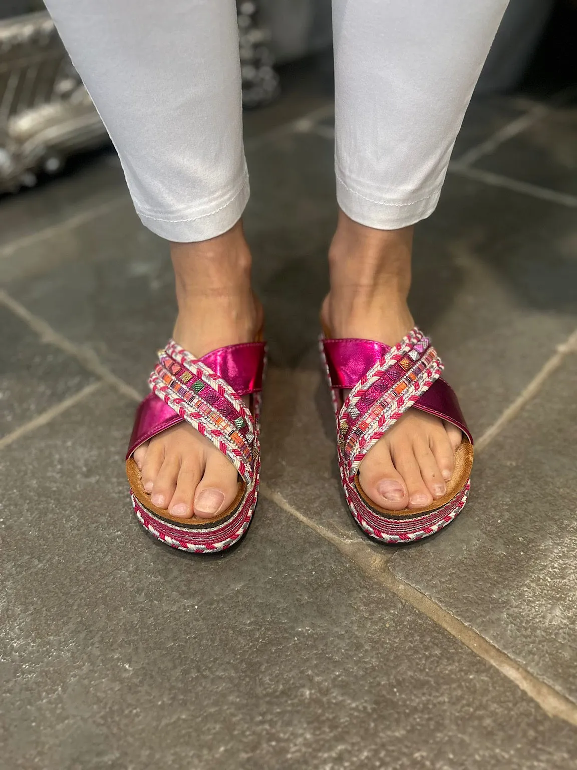 Lipstick Pink Embellished Weave Sliders