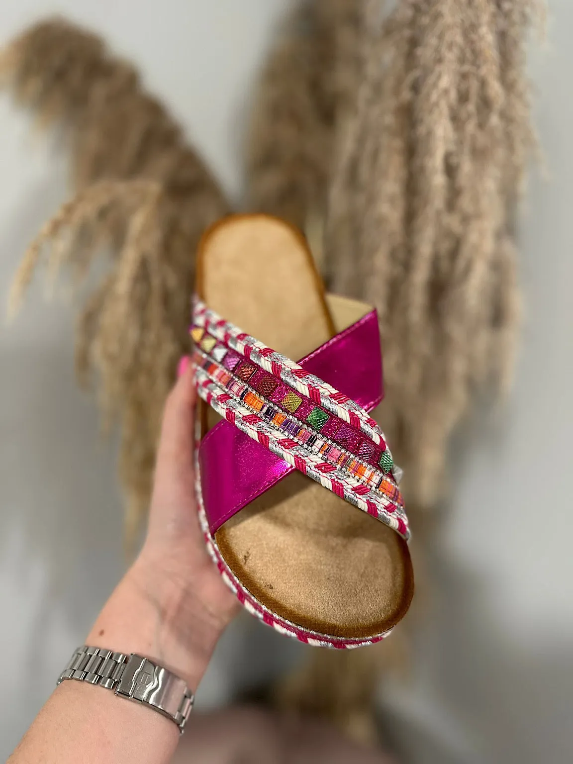 Lipstick Pink Embellished Weave Sliders