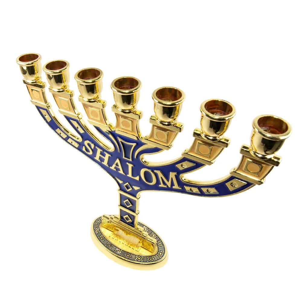 Menorah Seven-branched Candle Holder Jerusalem Blue Enamel Israel Judaica 5