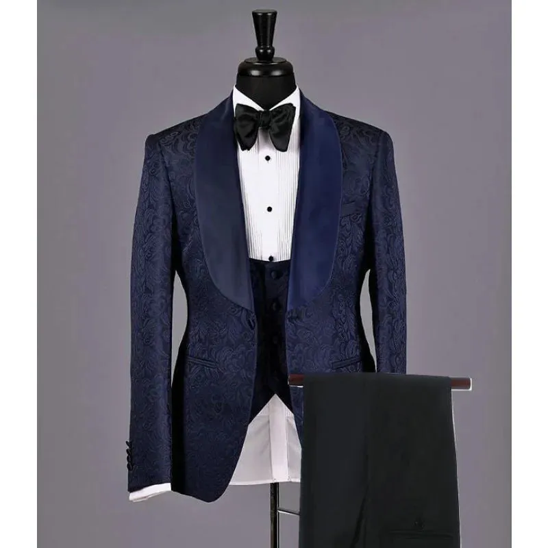 Men's Blue Black Slim Fit Tuxedos Blazer Vest Pants Formal Three-Piece Suit