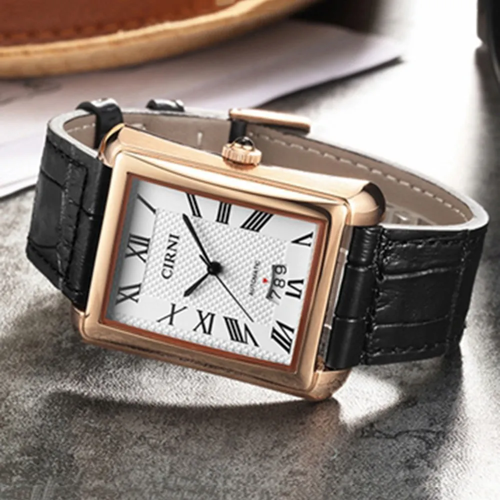 Men's Fashion Golden Rectangle Business Waterproof Self-Wind Wristwatch