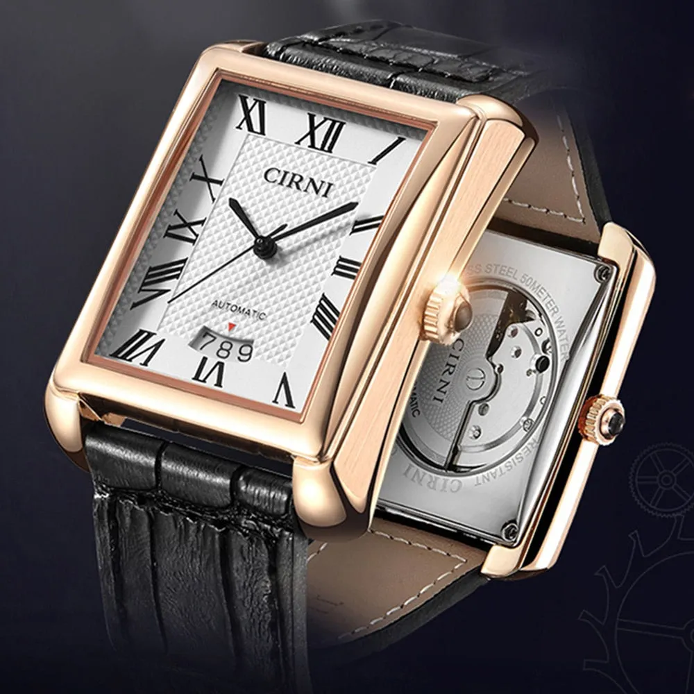 Men's Fashion Golden Rectangle Business Waterproof Self-Wind Wristwatch