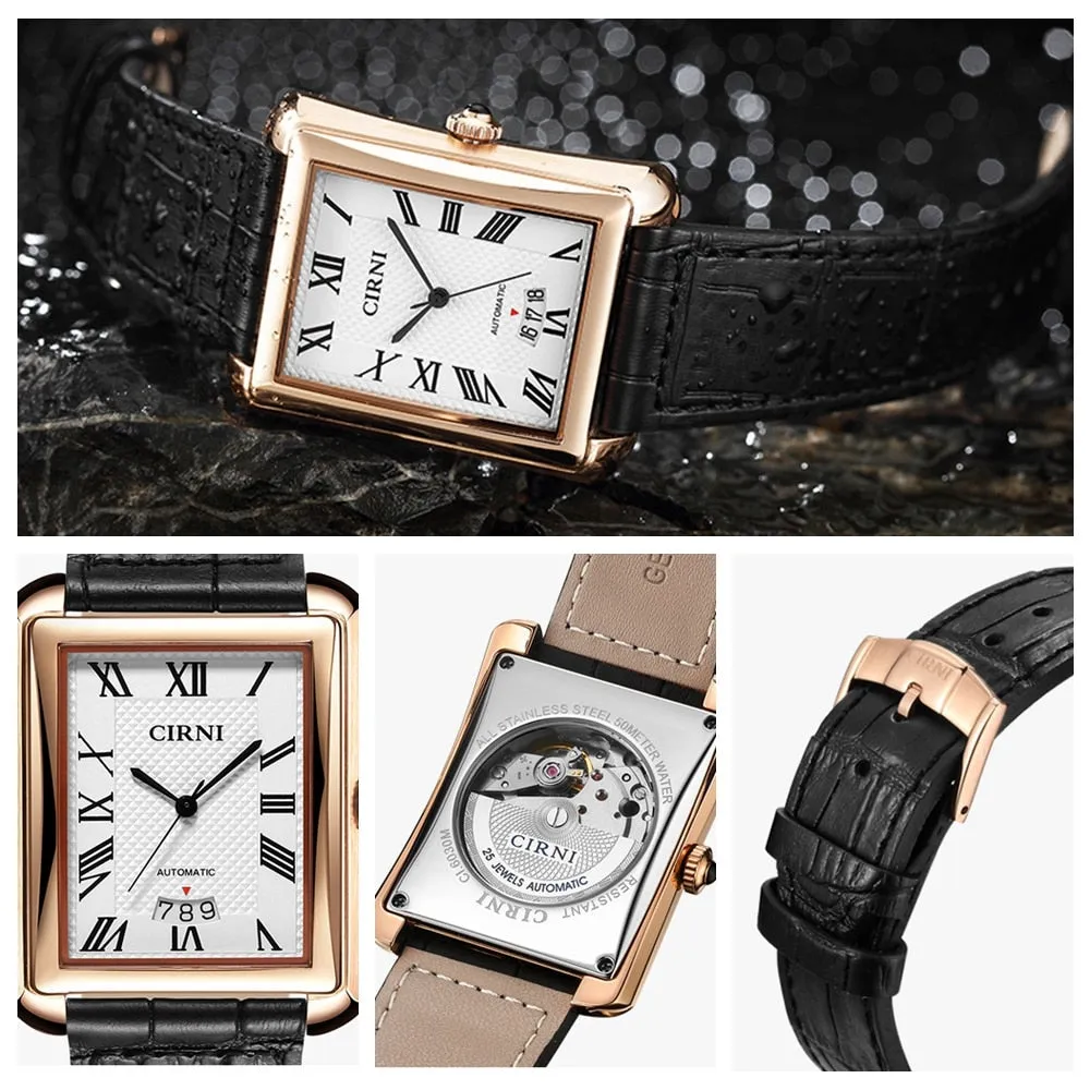 Men's Fashion Golden Rectangle Business Waterproof Self-Wind Wristwatch