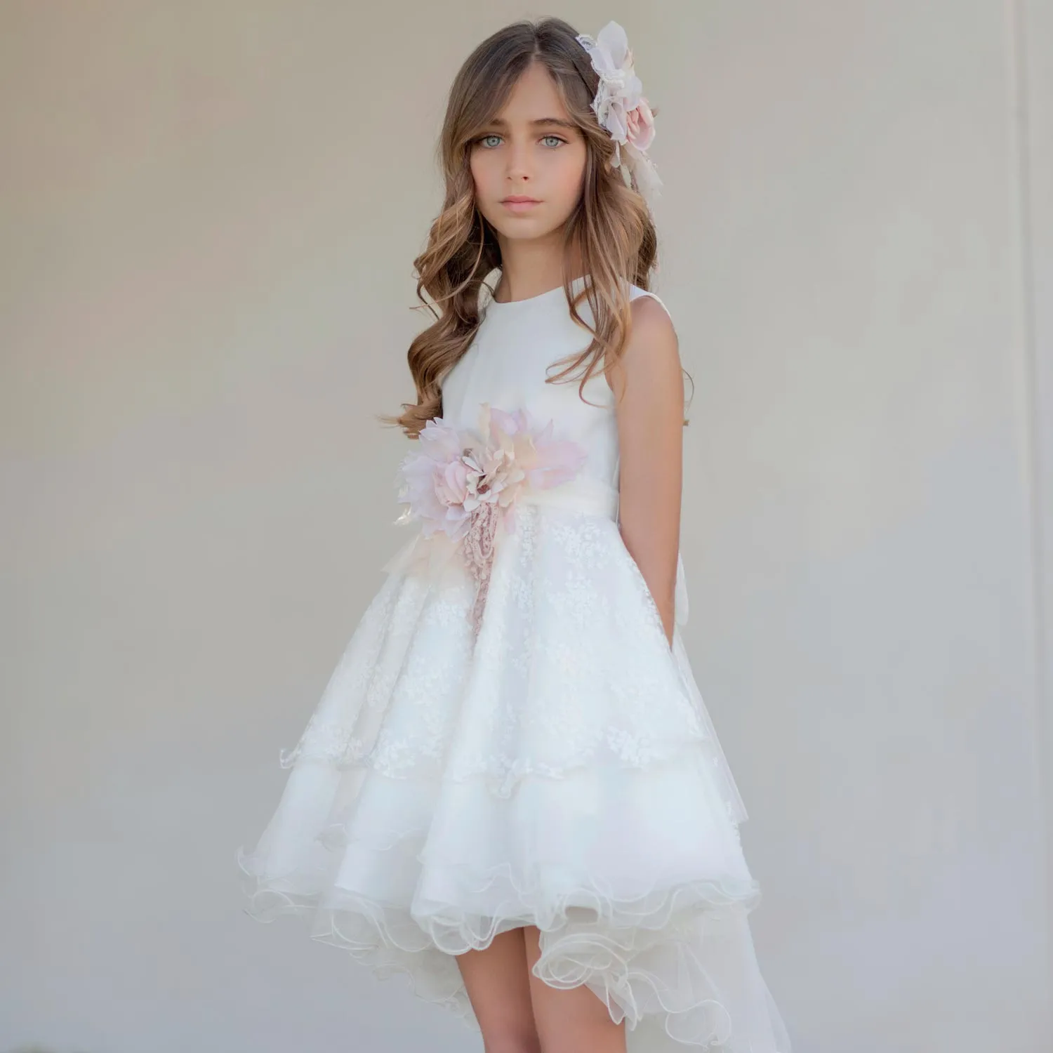 Mimilú Warm White And Powder Pink Ceremony Dress With Flounces