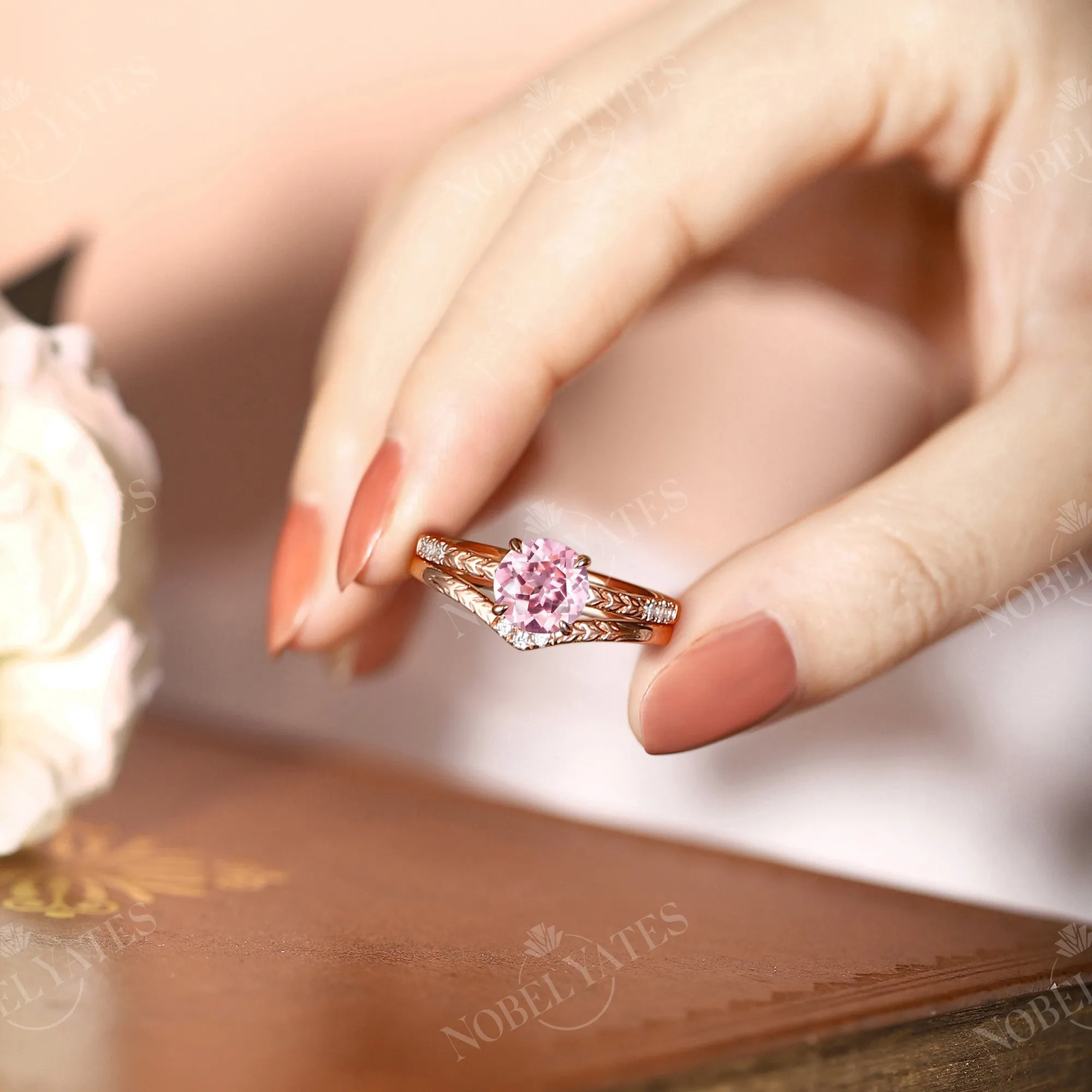 Nature Leaf Lab Grown Padparadscha Engagement Ring Set Rose Gold