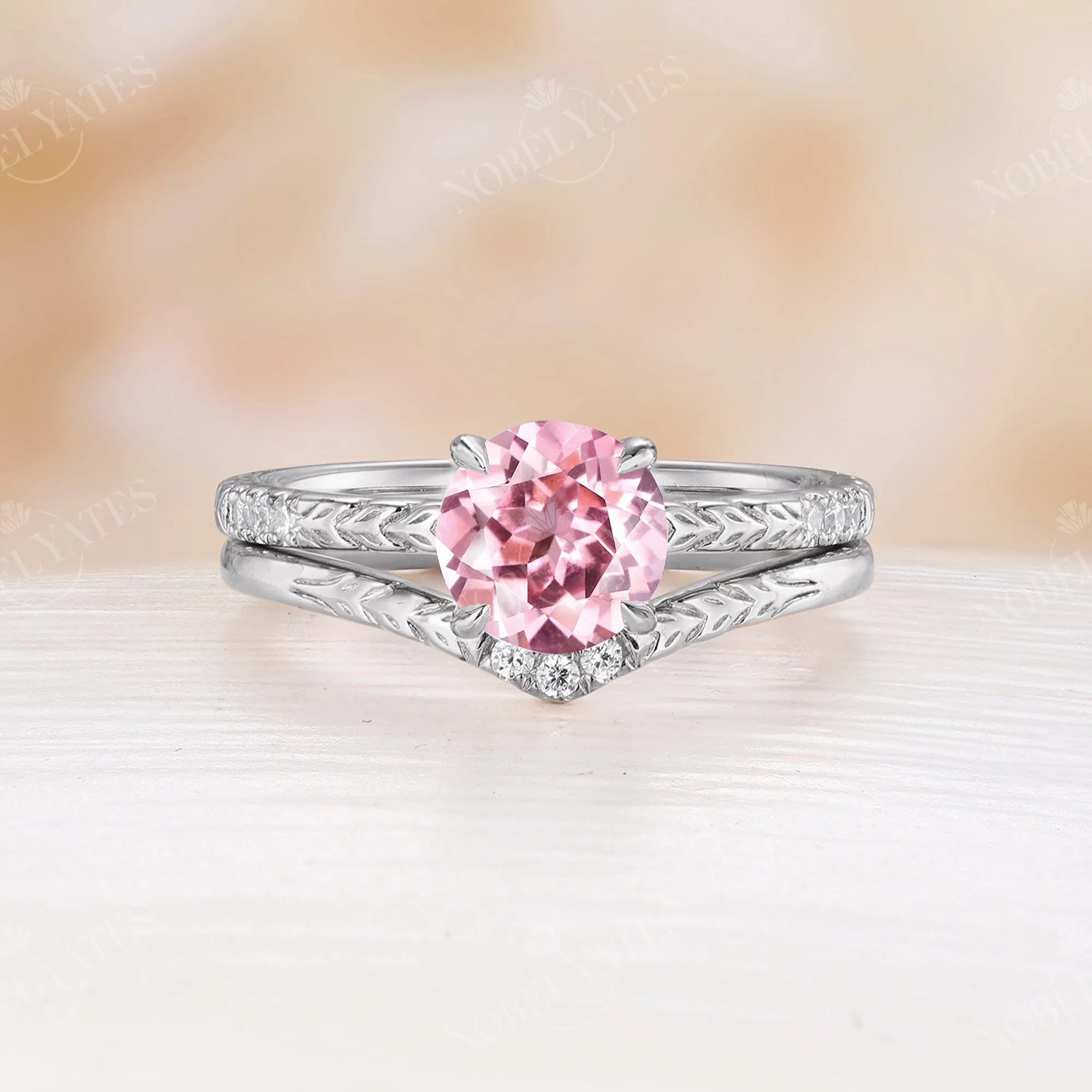 Nature Leaf Lab Grown Padparadscha Engagement Ring Set Rose Gold