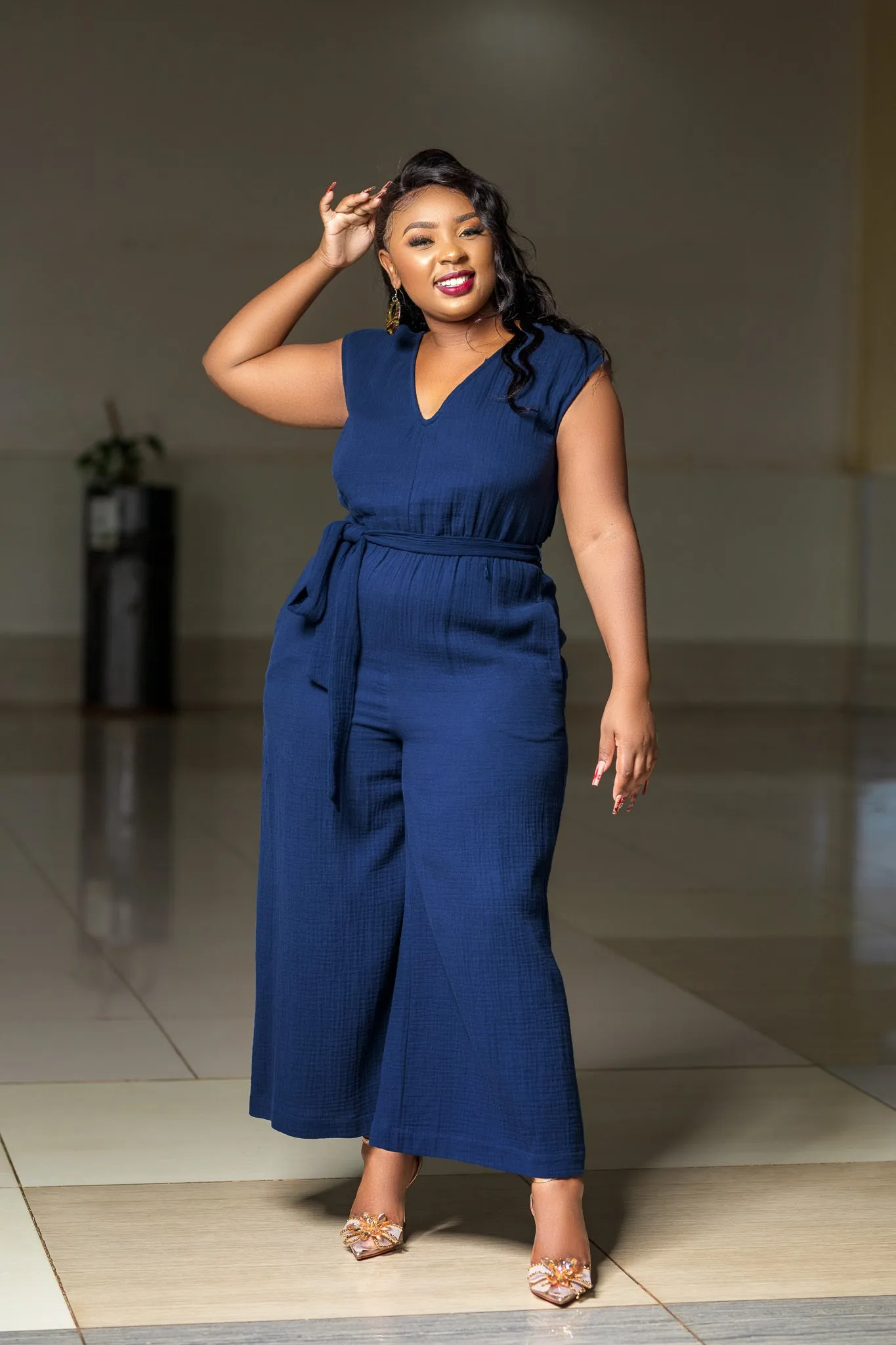 Navy Vneck Belt Jumpsuit