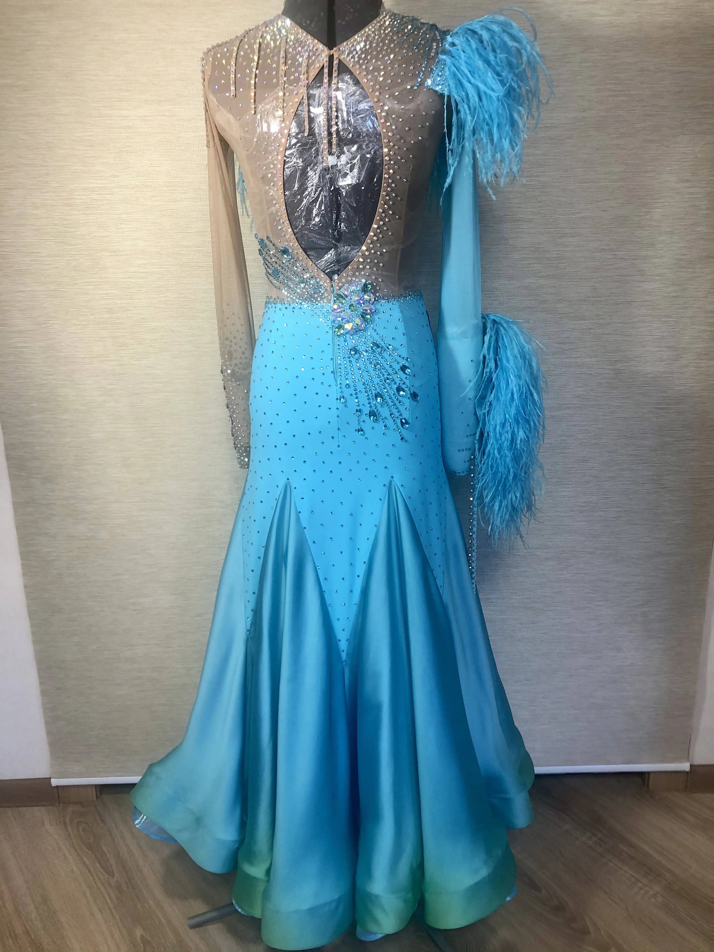 New Blue Sponsored Ballroom Dress with Feathers