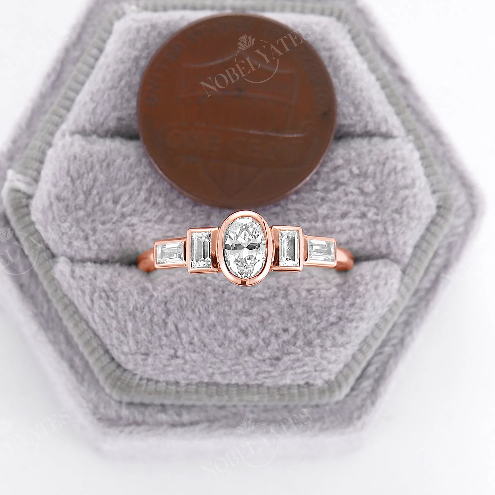 Oval Moissanite Bezel Set Engagement Ring Art Deco Rose Gold