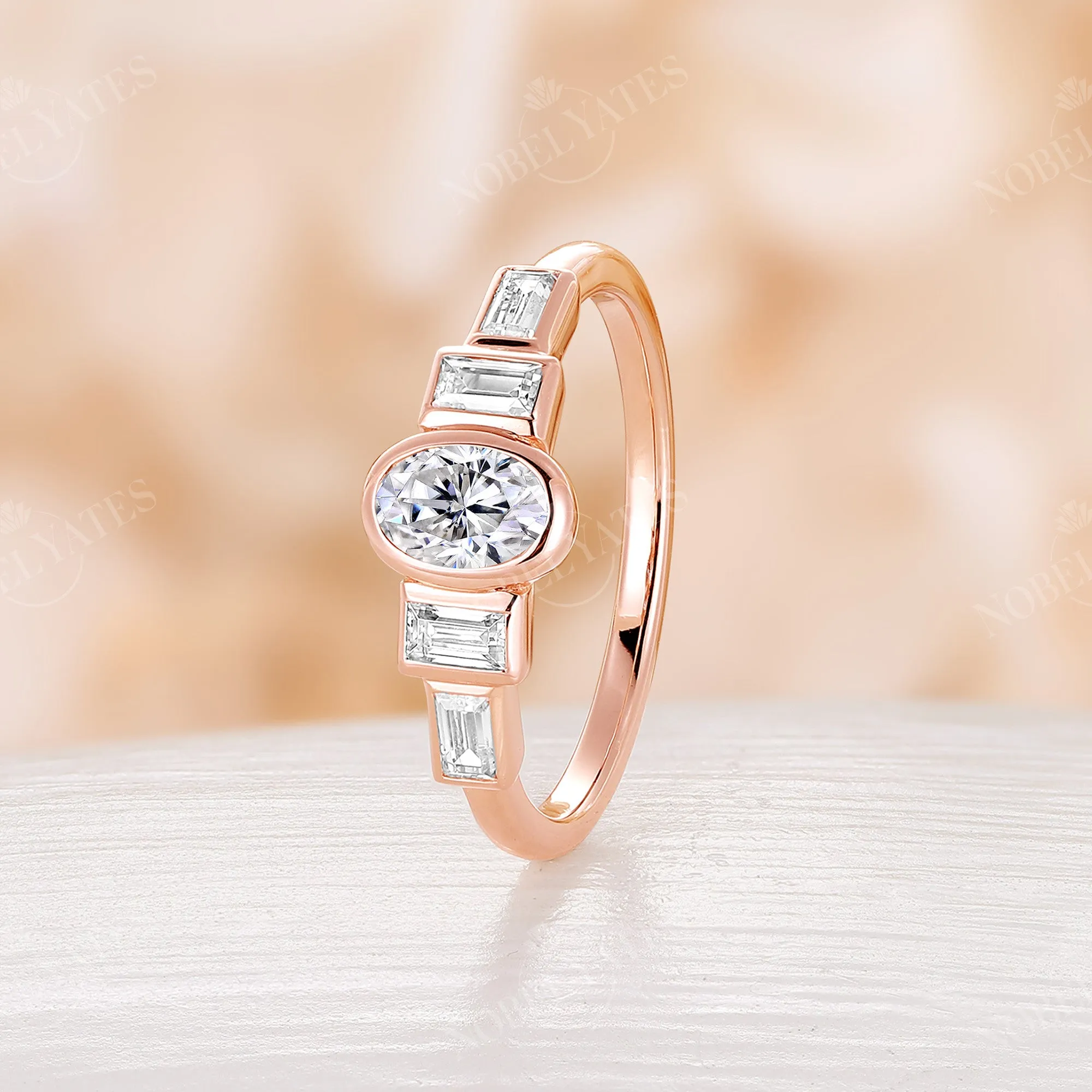 Oval Moissanite Bezel Set Engagement Ring Art Deco Rose Gold