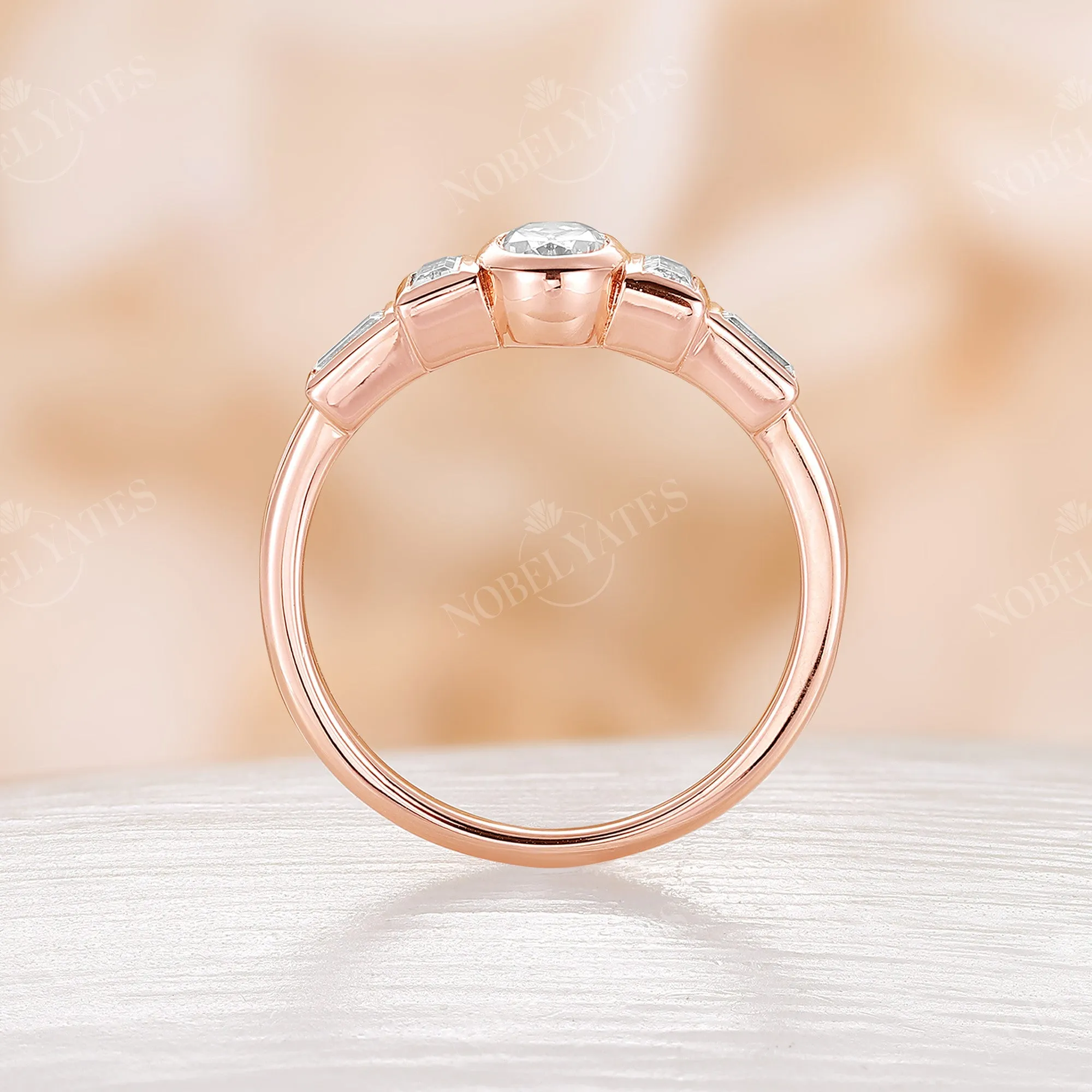 Oval Moissanite Bezel Set Engagement Ring Art Deco Rose Gold