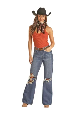 Panhandle Slim Womens Distress Wide Leg Jeans