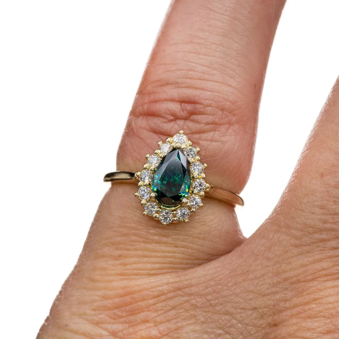 Pear Green Moissanite Ophelia Ring - Prong Set Diamond Halo Engagement Ring