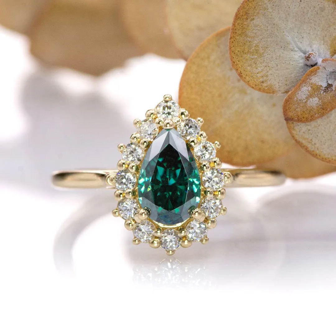 Pear Green Moissanite Ophelia Ring - Prong Set Diamond Halo Engagement Ring