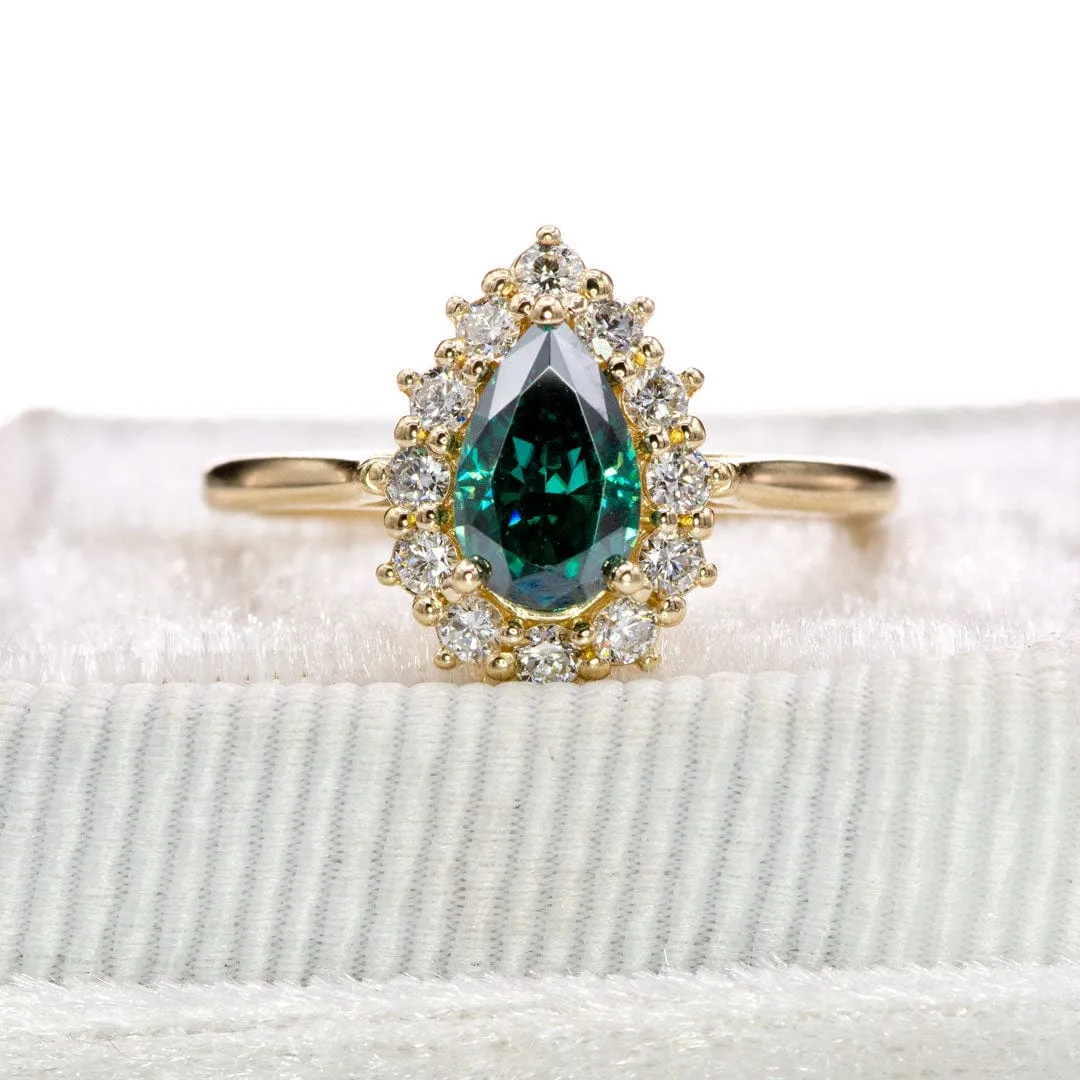 Pear Green Moissanite Ophelia Ring - Prong Set Diamond Halo Engagement Ring