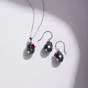 Point Collection: Tahitian Drop Pearl Pendant and Earrings Set with Rubies