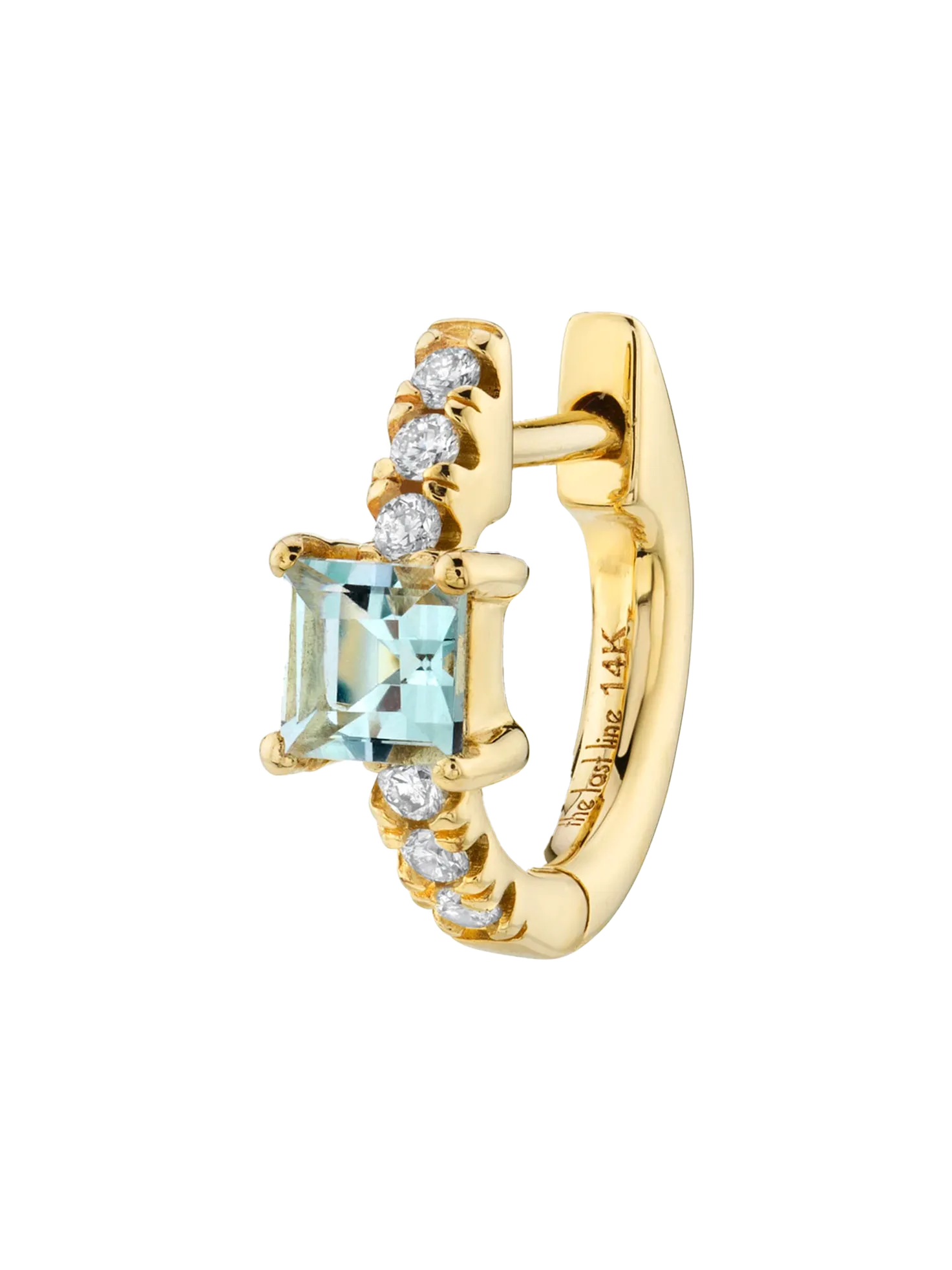 Princess Solitaire Pavé Huggie - White Diamond and Aquamarine / 14k Yellow Gold