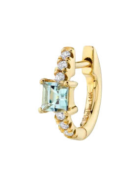 Princess Solitaire Pavé Huggie - White Diamond and Aquamarine / 14k Yellow Gold