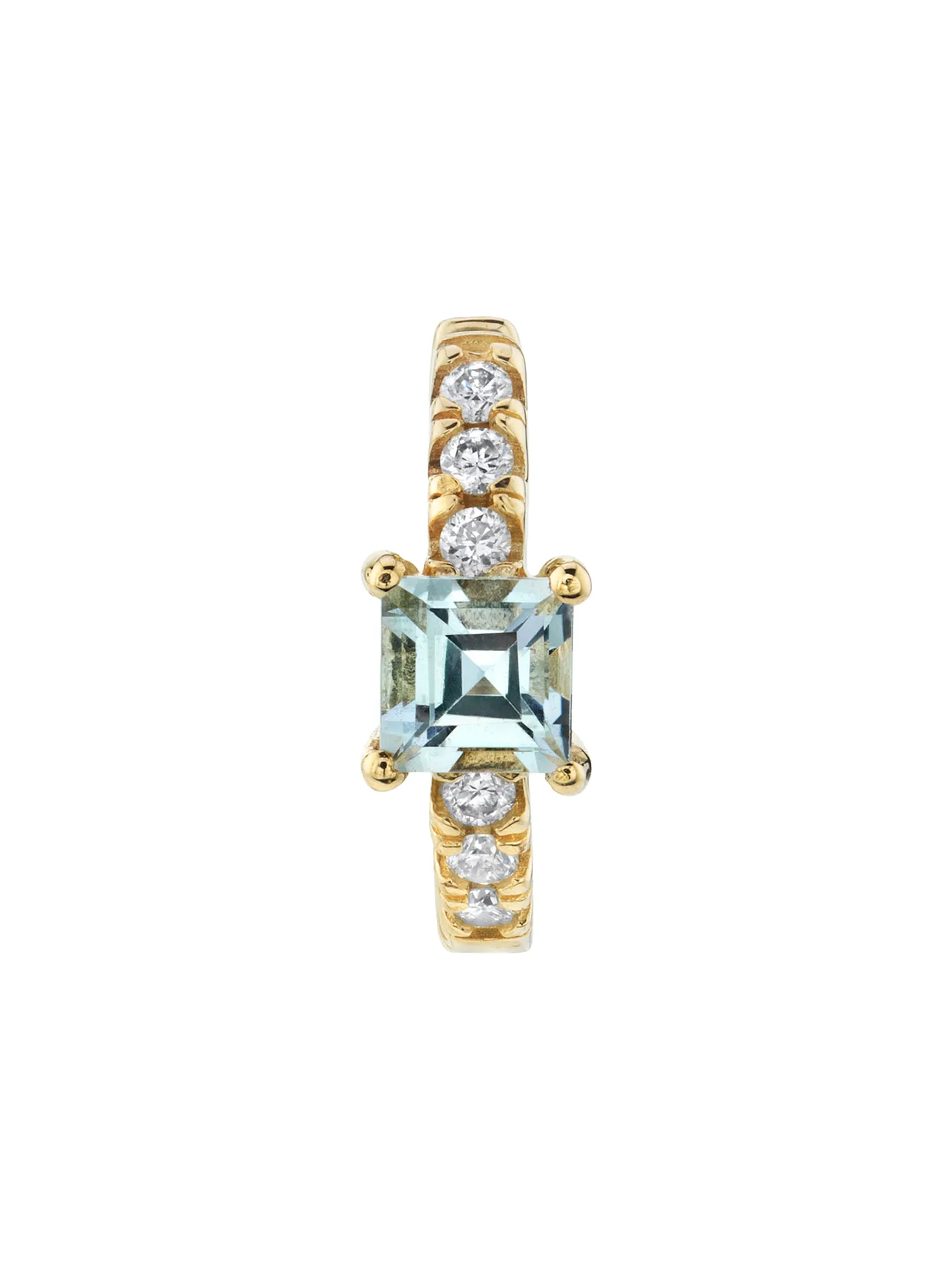 Princess Solitaire Pavé Huggie - White Diamond and Aquamarine / 14k Yellow Gold